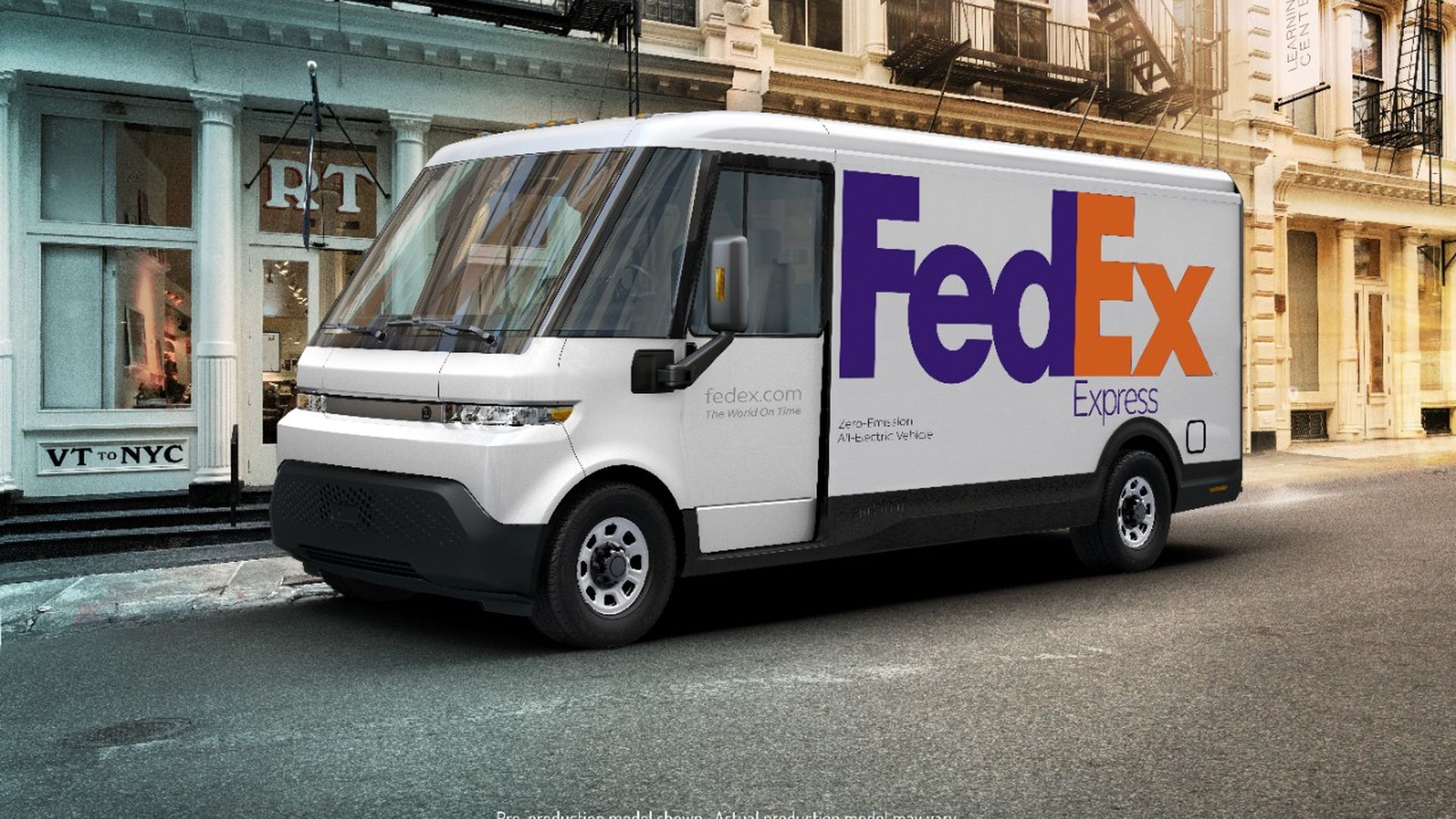 Image of GM's EV 600 electric delivery truck with FedEx branding on the side
