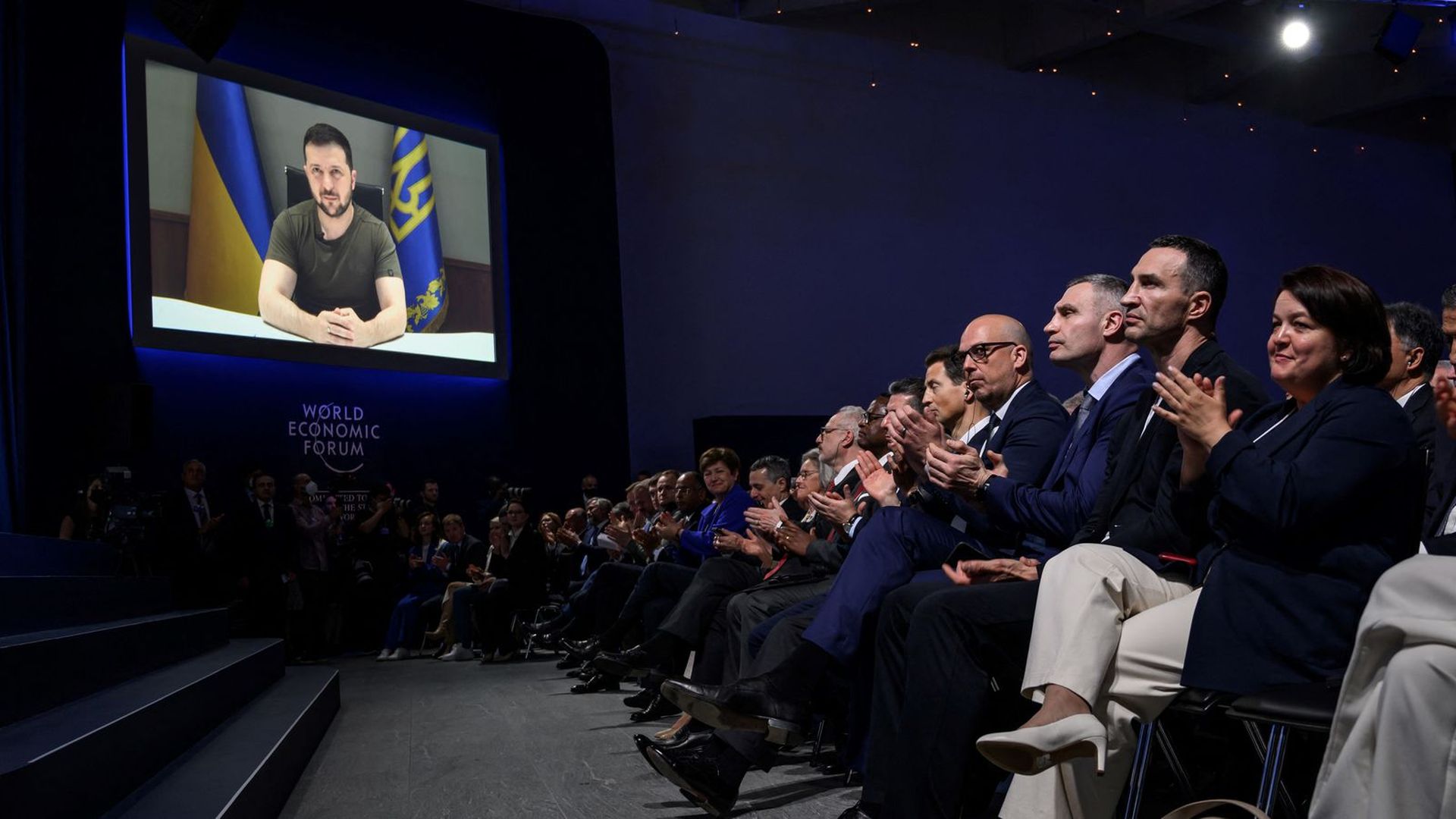Volodymyr Zelensky addresses the World Economic Forum. Photo: Fabrice Coffrini/AFP via Getty