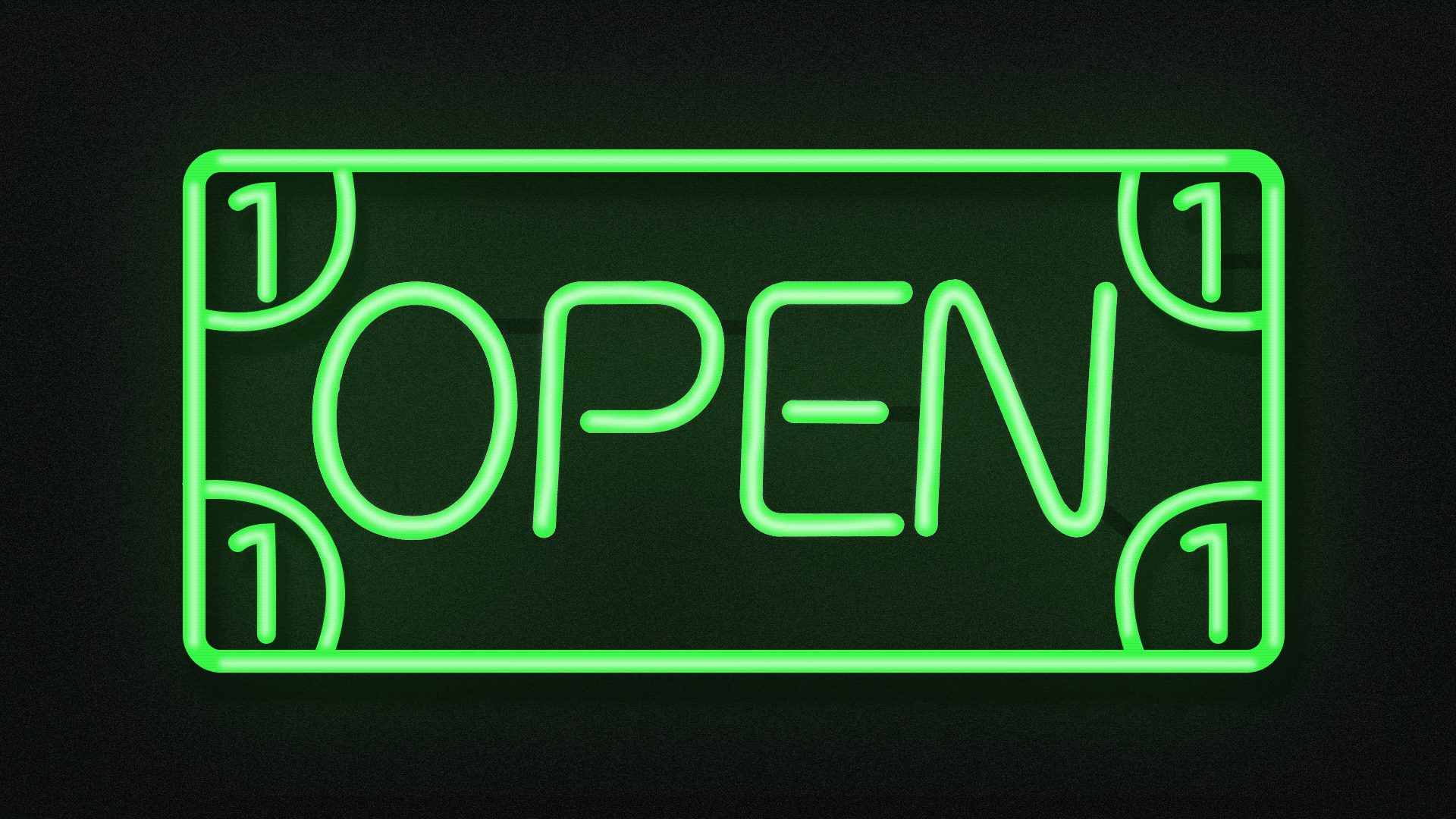 An animated illustration of a neon sign in the shape of a dollar bill saying "Open"