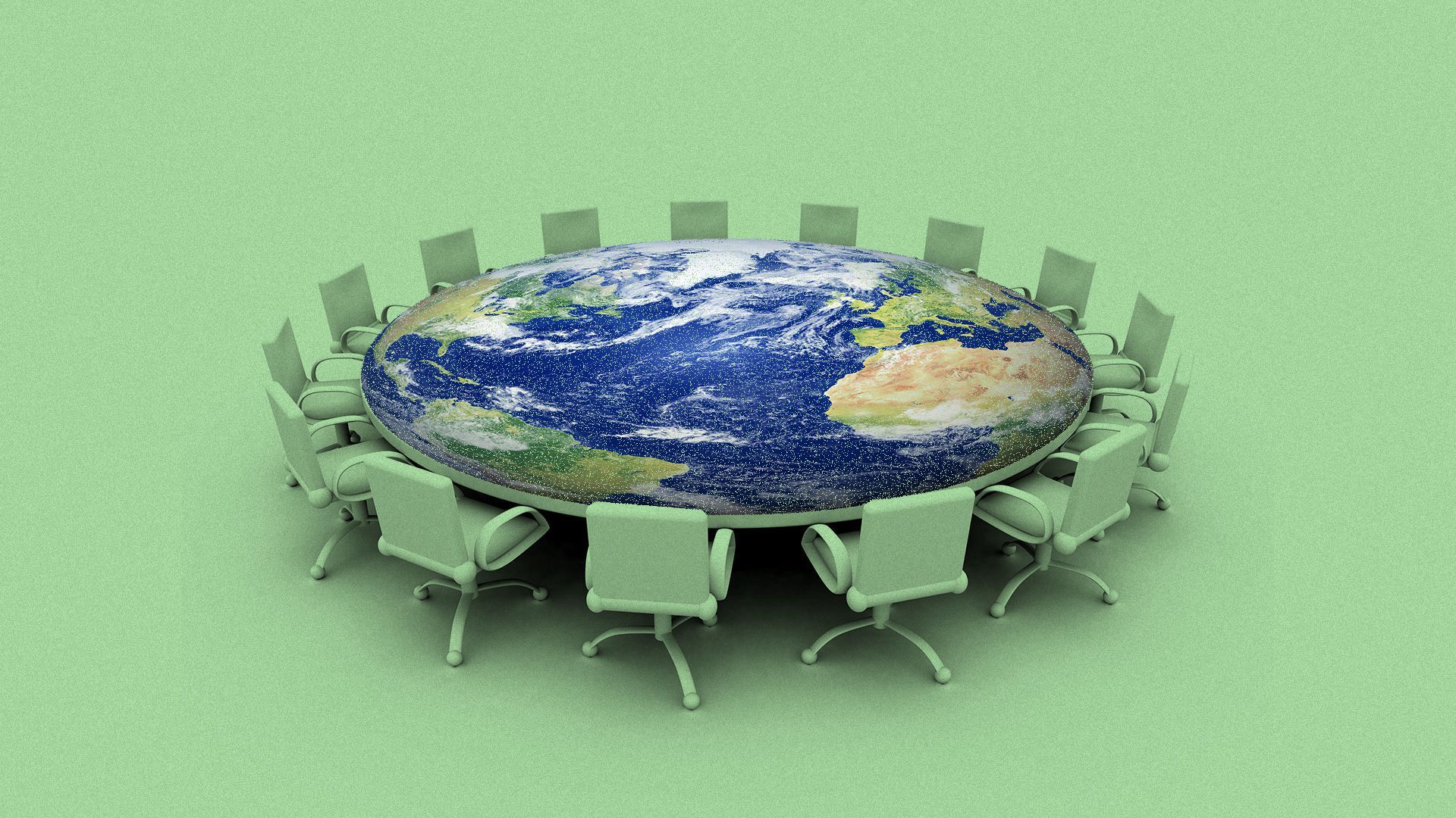 Illustration of green chairs around a flat Earth.