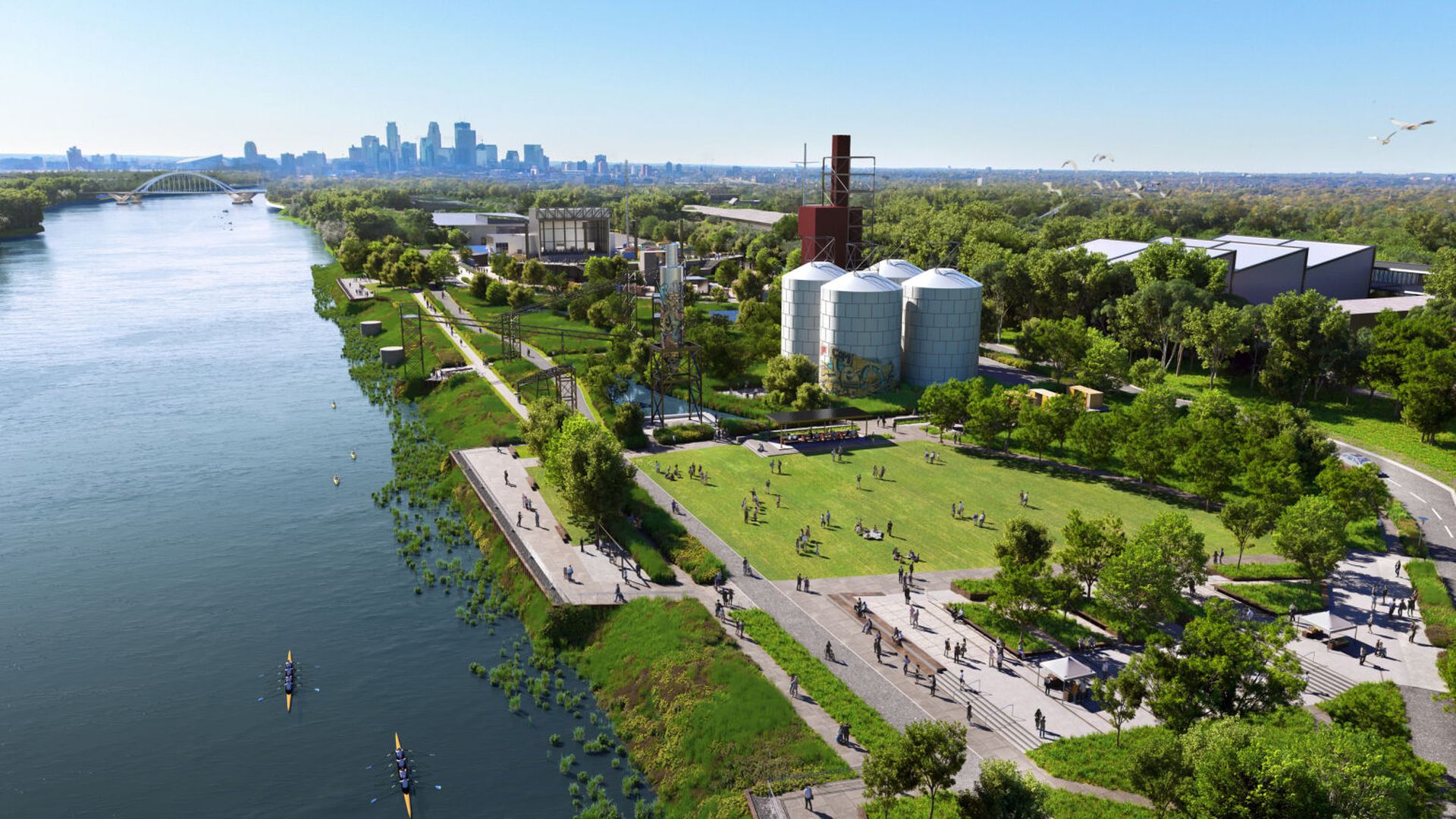 An aerial rendering of a large green space on the North Minneapolis riverfront 