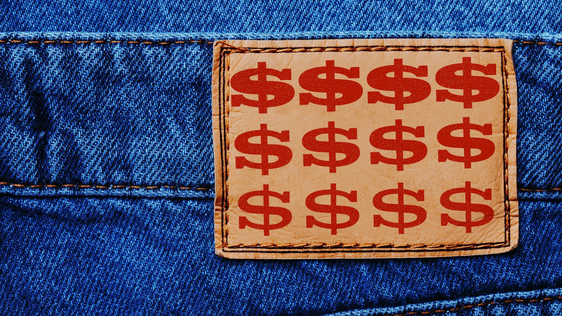 Illustration of a close of the patch on a pair of jeans with dollar bill signs printed on it. 