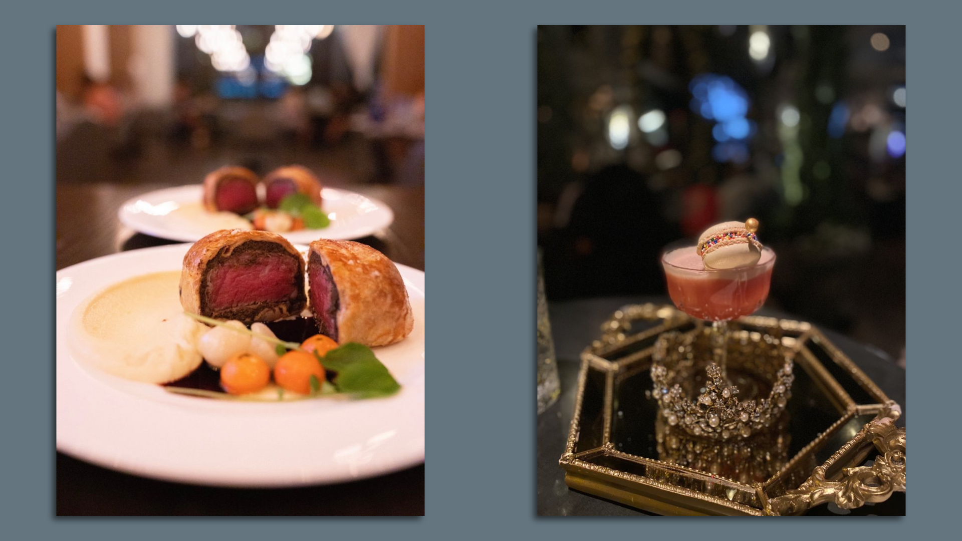 An image showing two photos. On the left, a dish that looks like meat wrapped in a pastry. On the right, a glass topped with a macron. A tiara sits beneath it on a silver tray.