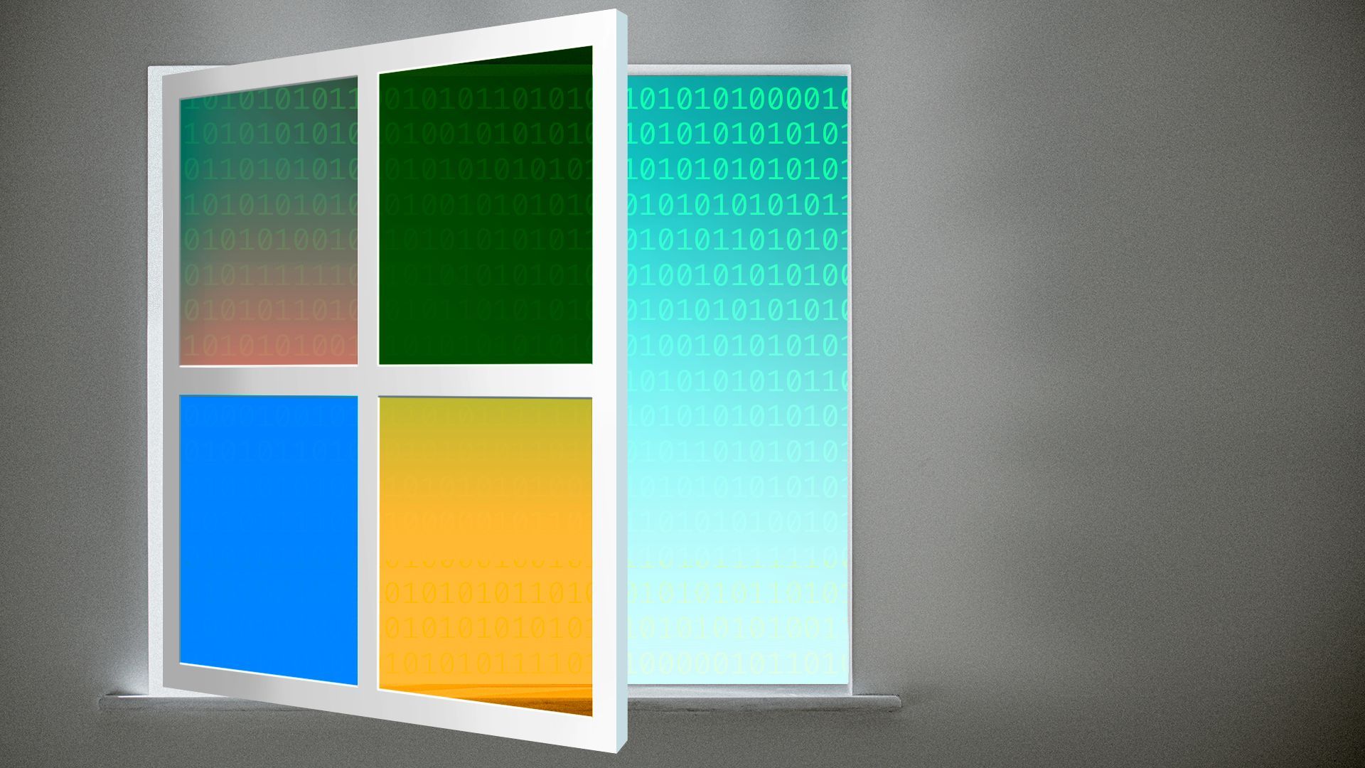 Illustration of an open house window with panes resembling the Microsoft Windows logo. Outside the open window is a bright blue sky filled with glowing binary code.