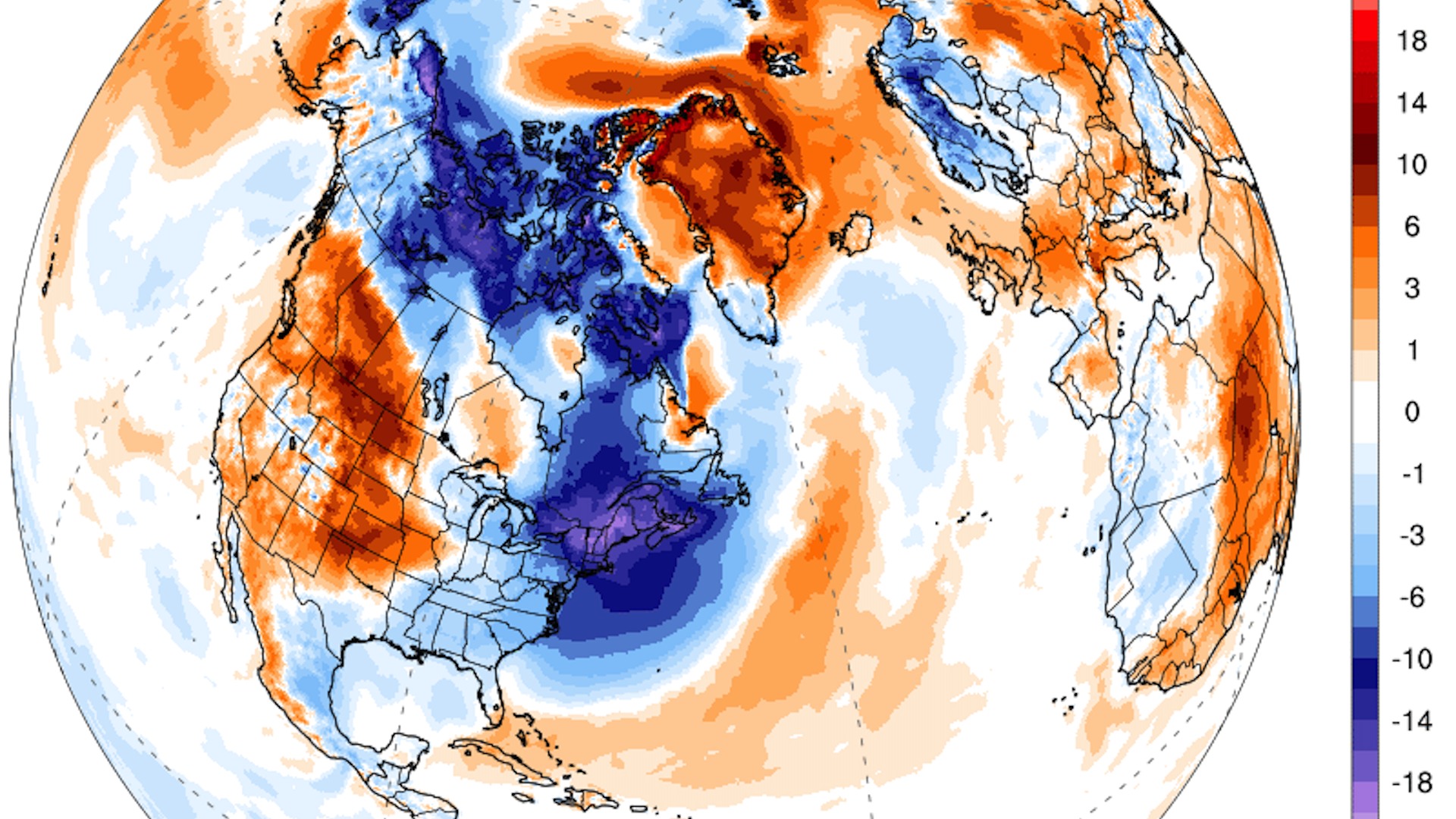 Map of temperature anomalies on Saturday showing the frigid cold air over New England.