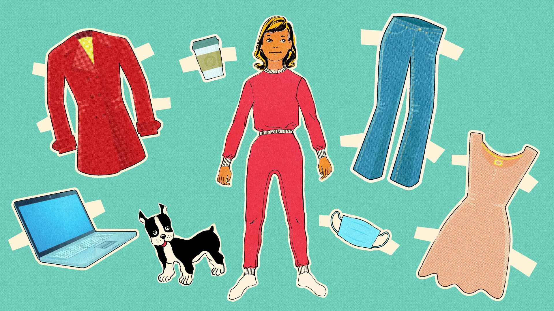 Illustration of a vintage paper dress up doll surrounded by clothing and work-related accessories