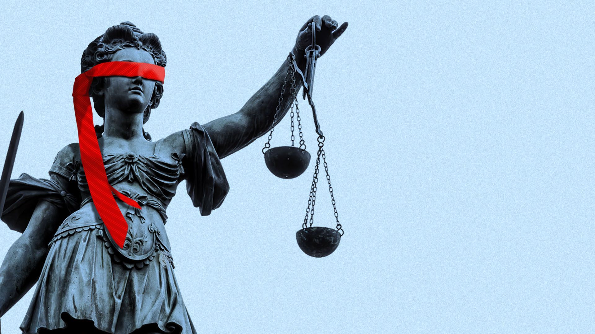 Illustration of a statue of Justice wearing a red tie as a blindfold