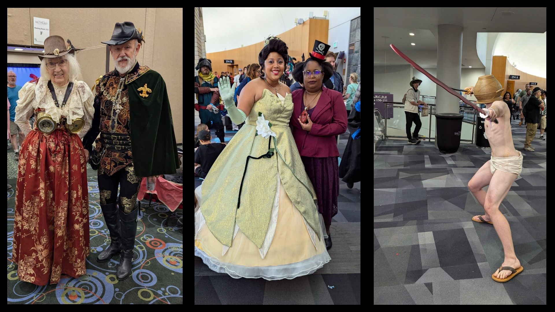 People dressed in medieval and steampunk costumes, characters from the Princess and the Frog and a nearly-naked warrior