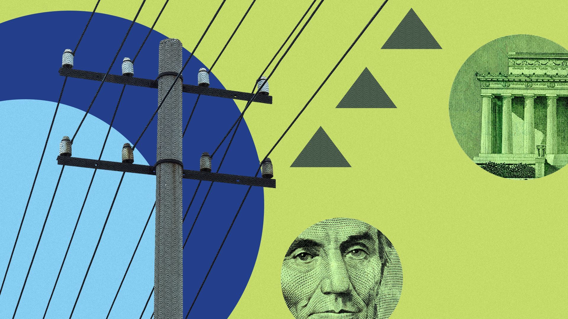 Illustration of a utility pole with money elements and abstract shapes