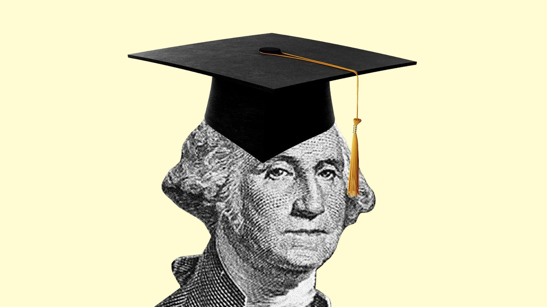 In this illustration, a drawing of George Washington wears a graduation cap against a pale yellow background. 
