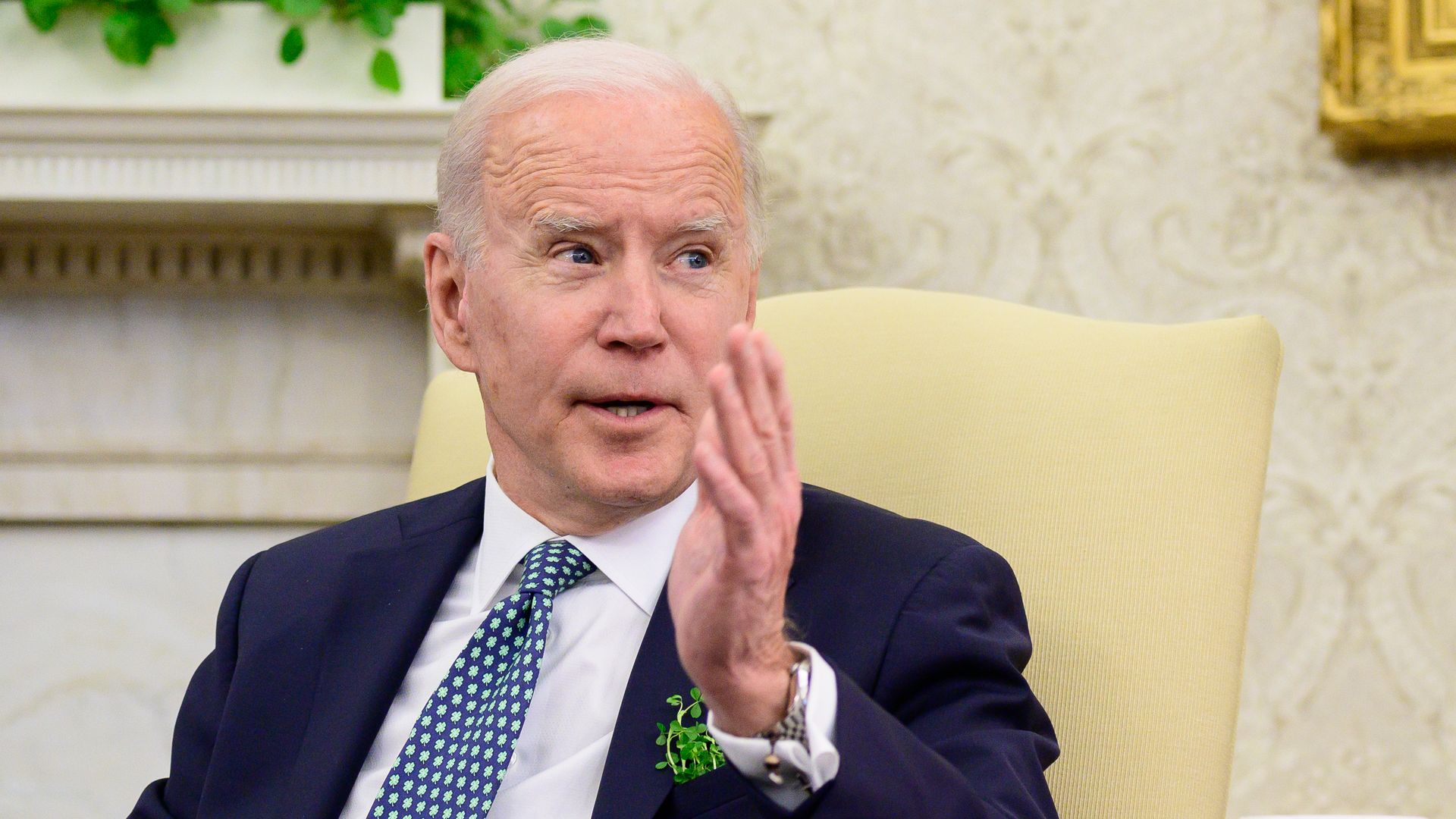 President Joe Biden speaks during a virtual meeting with Irish Prime Minister (Taoiseach) Micheal Martin in the Oval Office of the White House on March 17