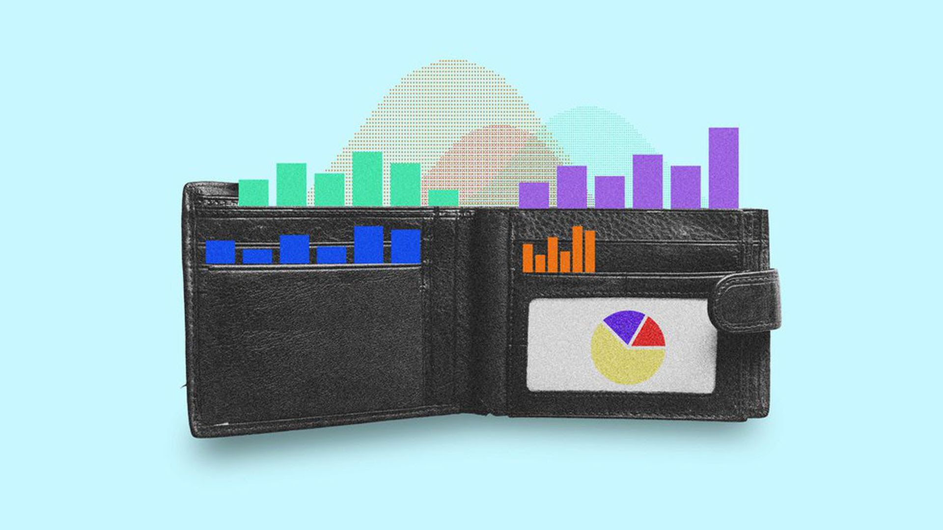 illustration of a wallet with bar graphs coming out of it