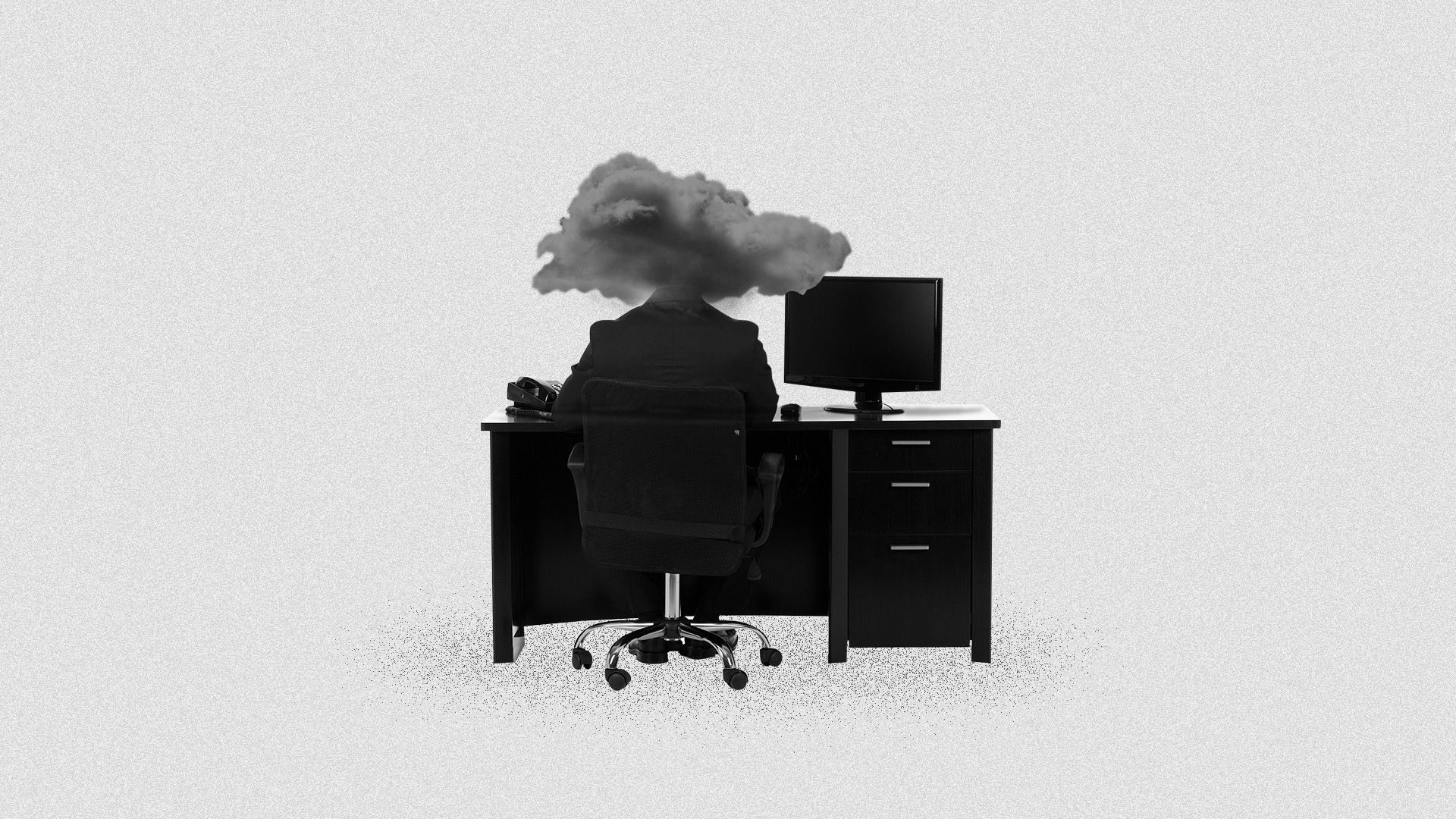 Illustration of a man sitting at a desk with a dark cloud surrounding his head. 