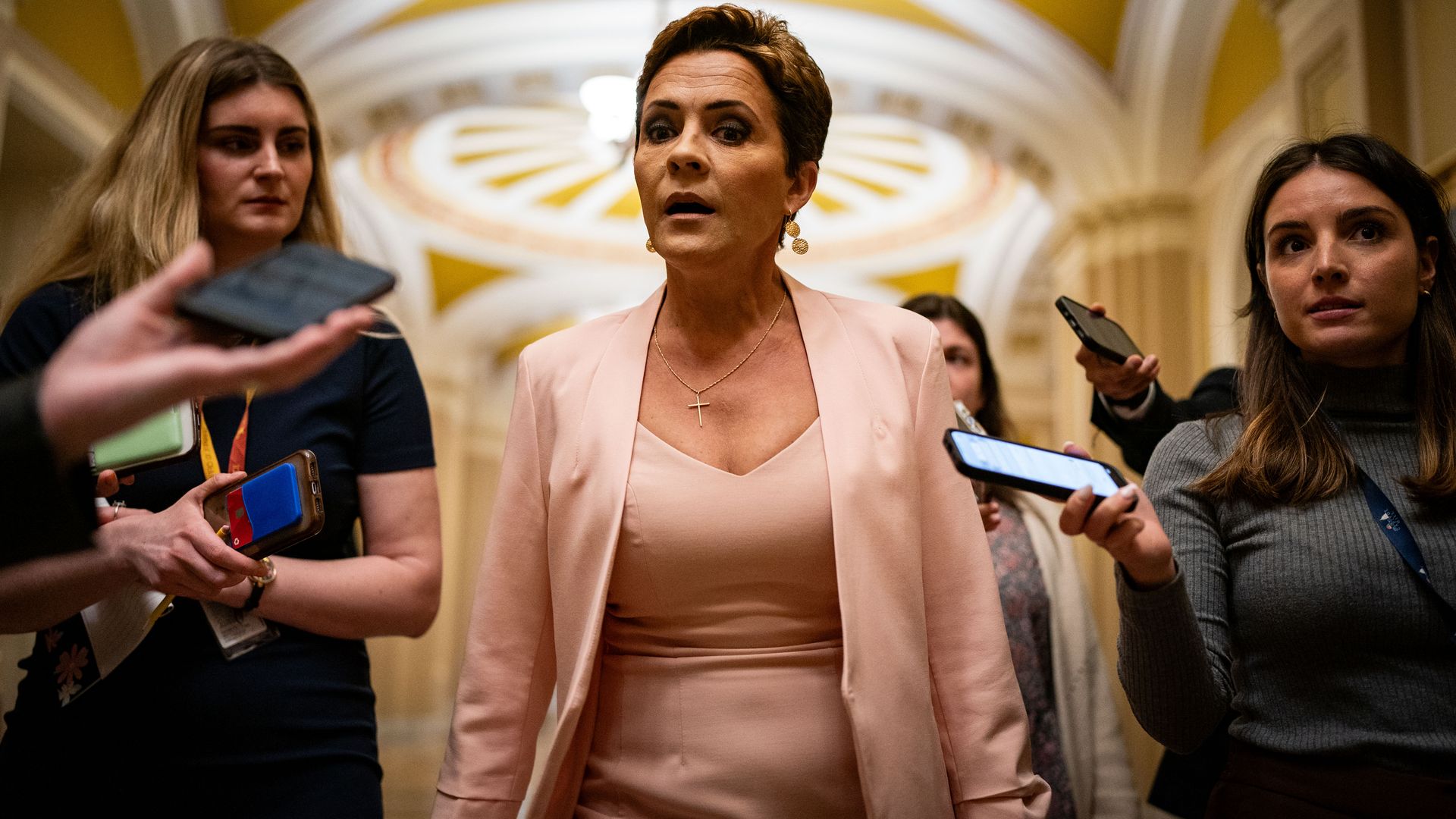 Arizona Republican Senate Candidate Kari Lake speaks with reporters after leaving the office of Senate Minority Leader Mitch McConnell (R-KY) on Capitol Hill on March, 6 2024 in Washington, DC.