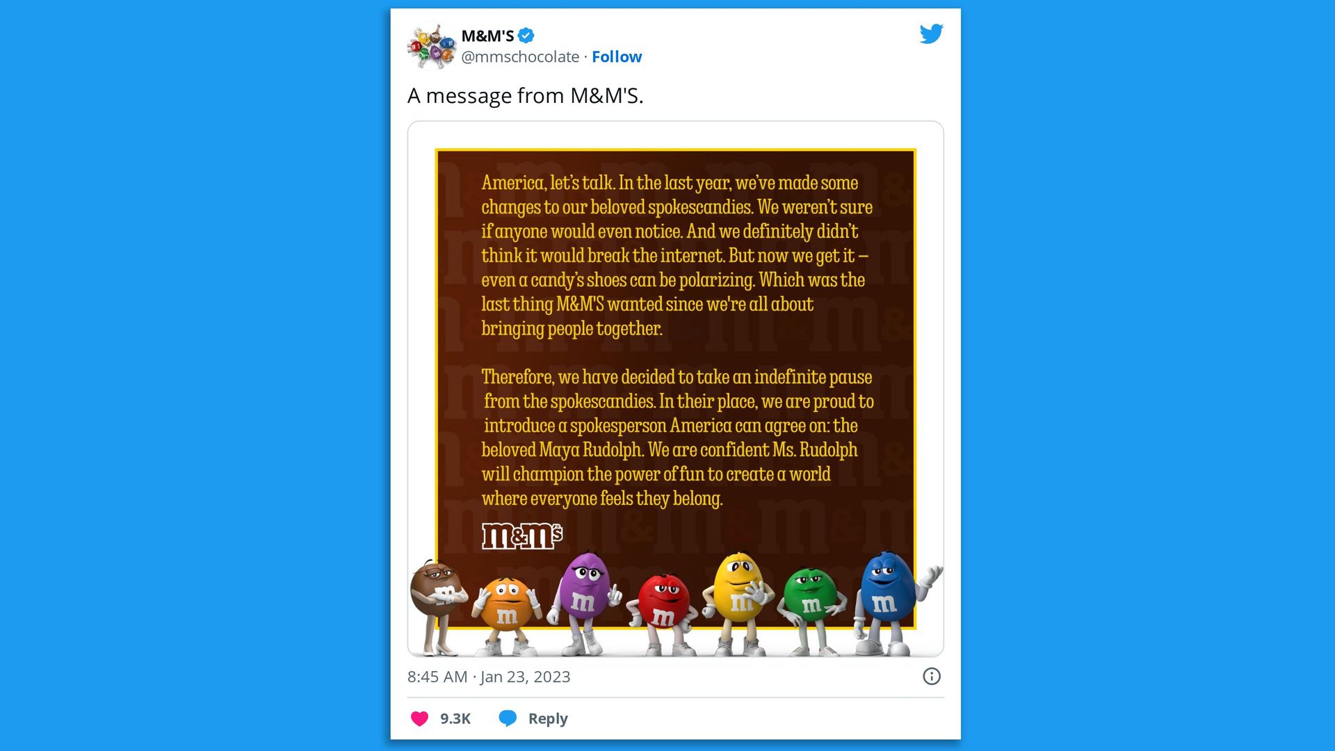 Image of a M&M tweet explaining the end of their branded "spokescandies"
