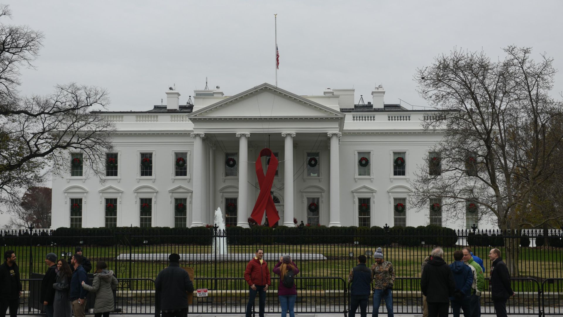 White House with Red ribbon on the front for world aids day