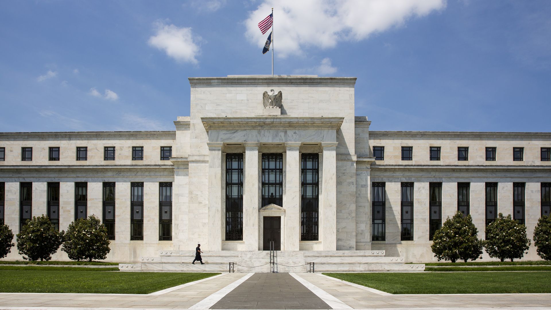 Outside of the Eccles Building, which houses offices of the Board of Governors of the Federal Reserve System