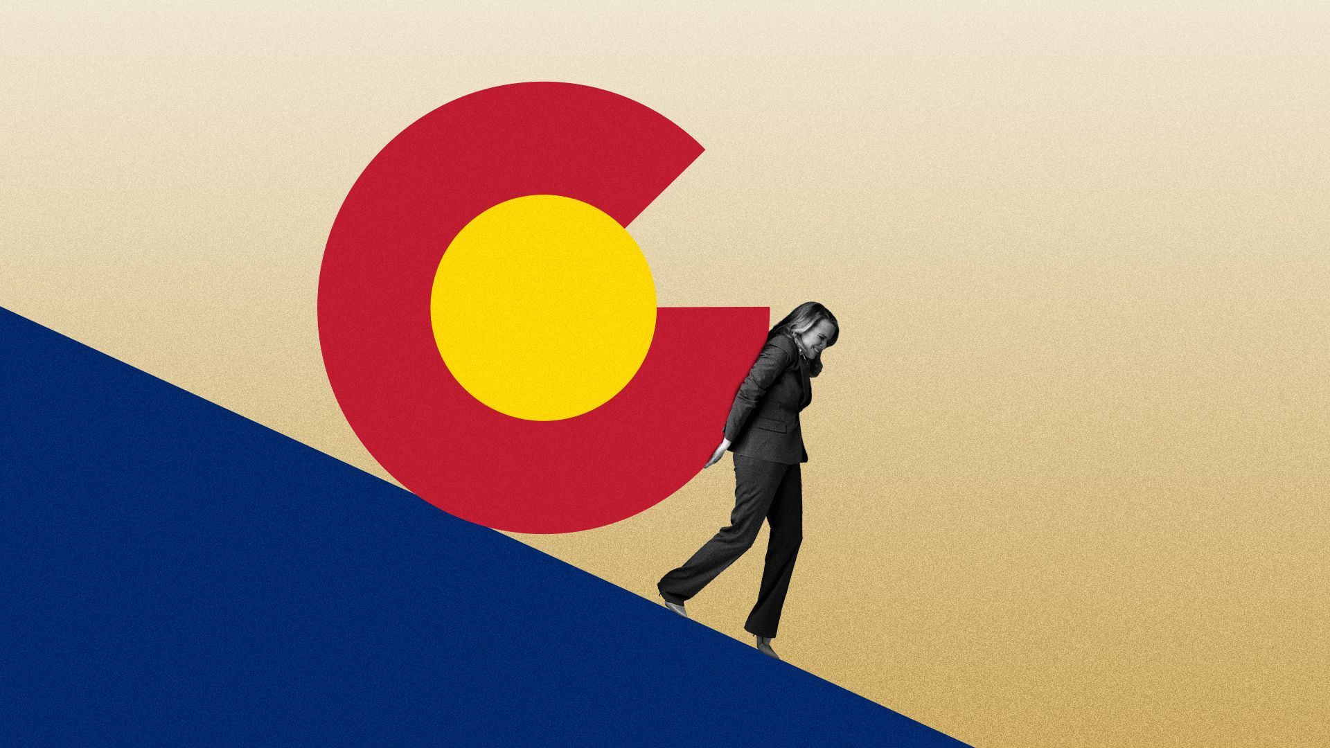Illustration of a woman pushing the Colorado flag emblem up a steep hill.
