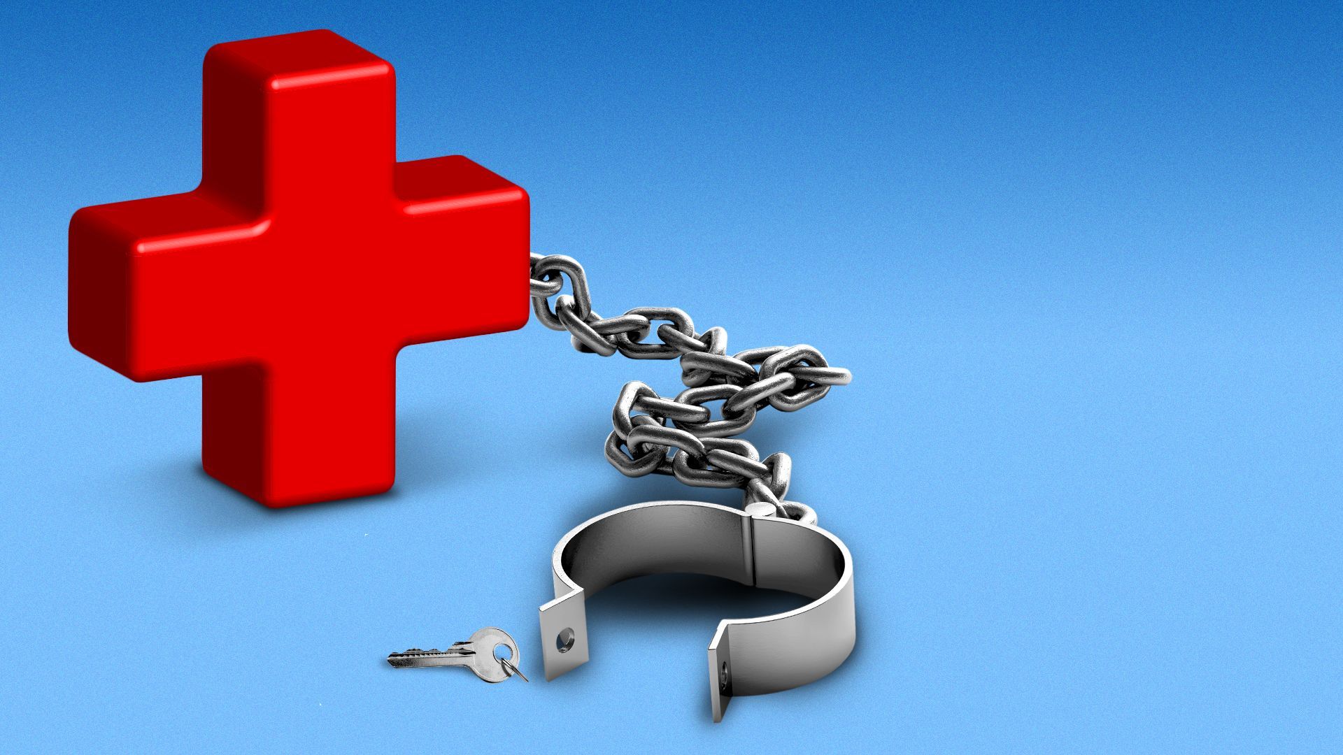 Illustration of a medical red cross attached to a chain and anklet which has been opened by a key