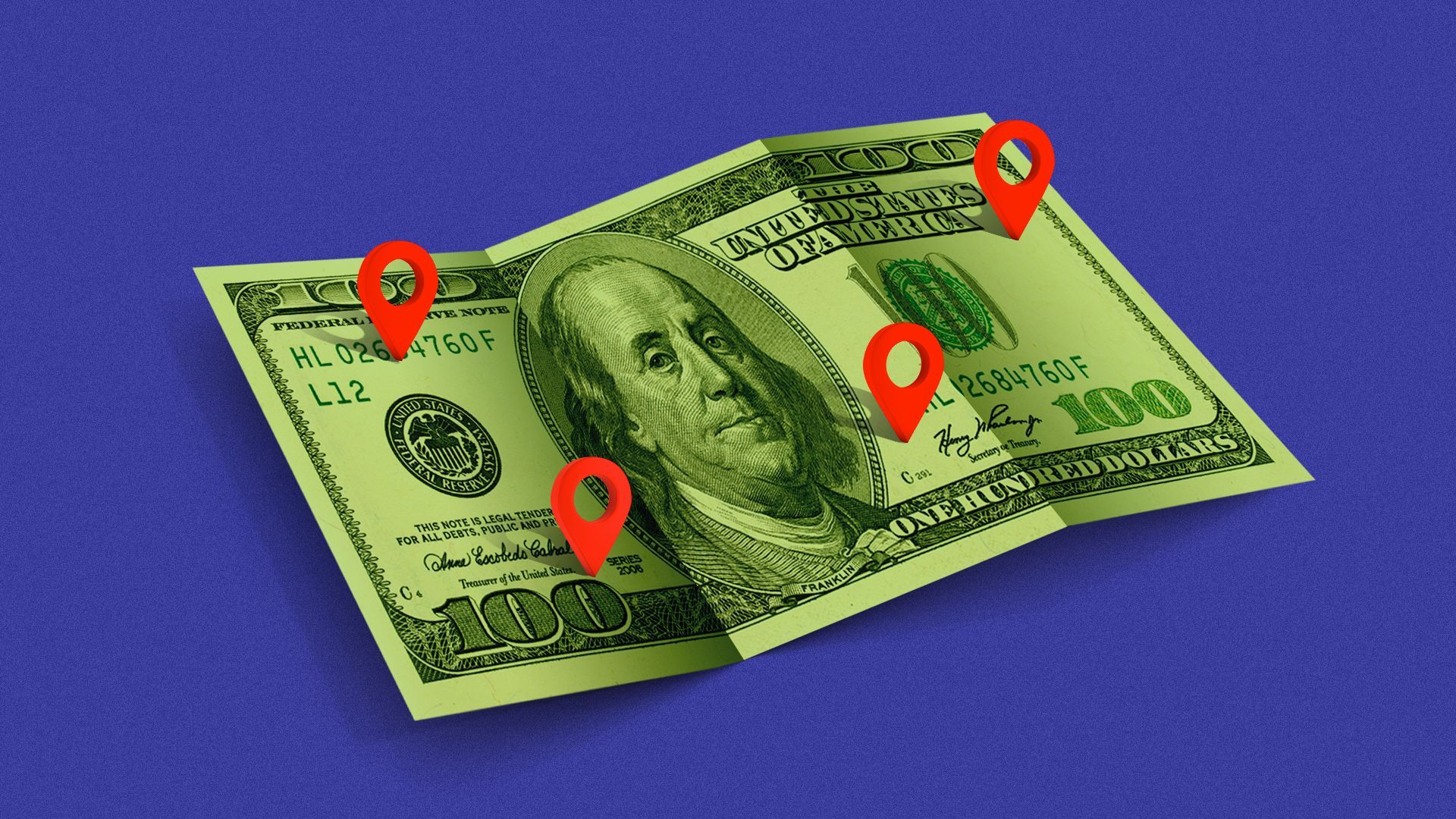 Illustration of a hundred dollar bill folded like a roadmap with navigation points dropped around it. 