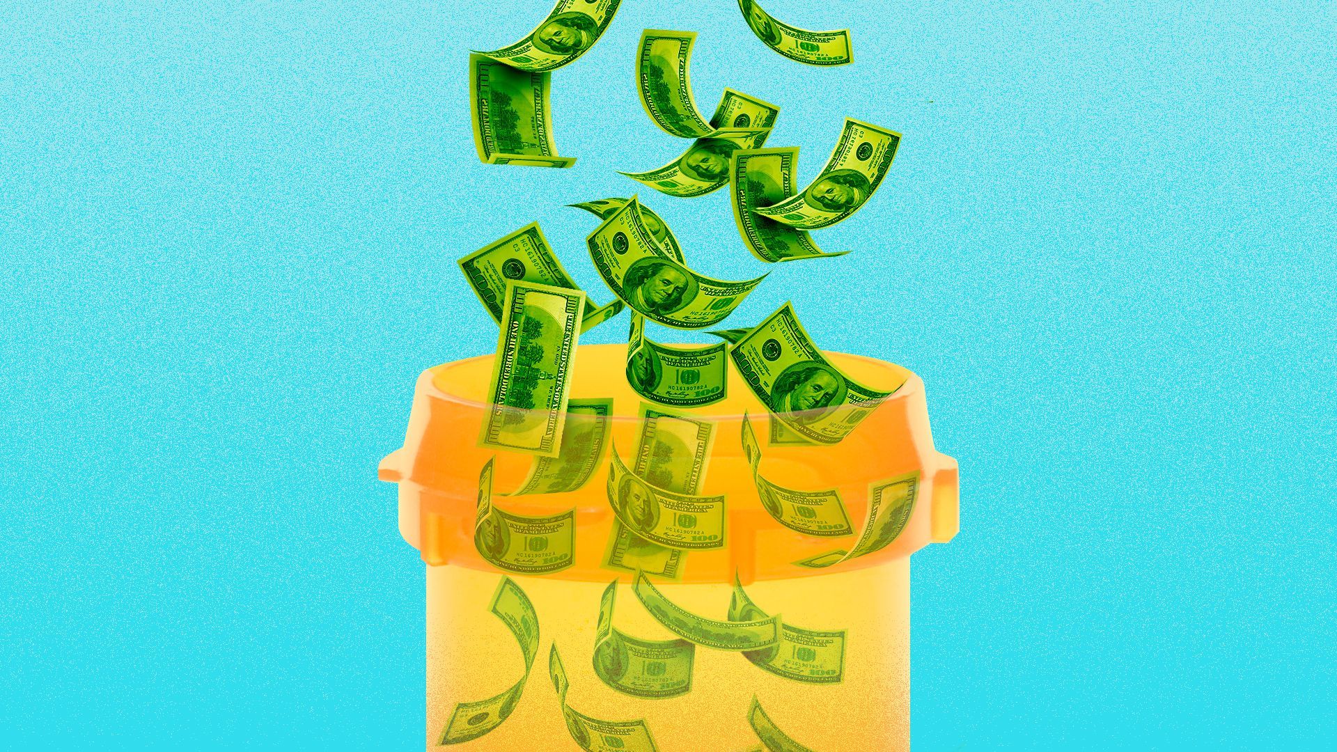 Illustration of money pouring into a prescription bottle.  