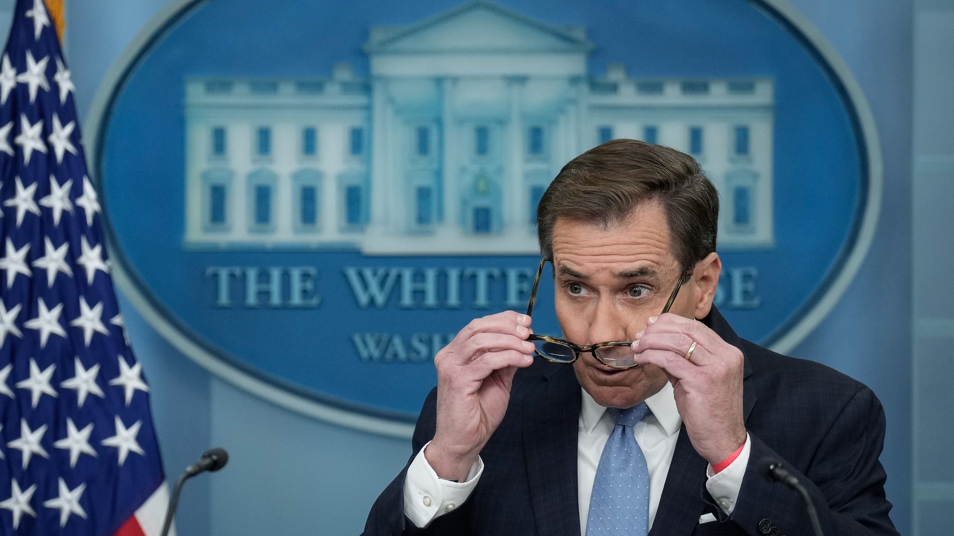 Coordinator for Strategic Communications at the National Security Council John Kirby speaks during the daily press briefing at the White House January 10, 2024 in Washington, DC. Kirby answered a wide range of questions, including about Secretary of Defense Lloyd Austin's health and absence. 