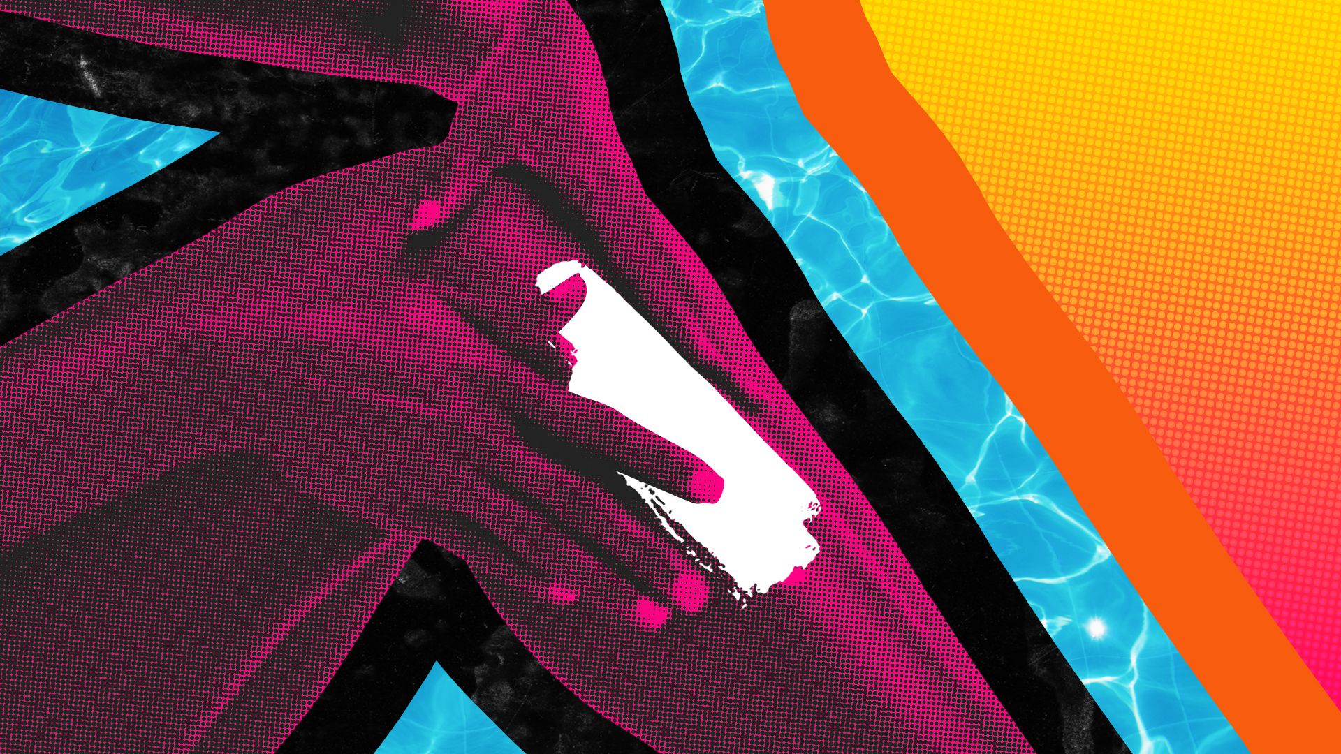 Illustration of a Black woman applying bright white sunscreen to her legs over a pool background with bold, colorful graphic elements.