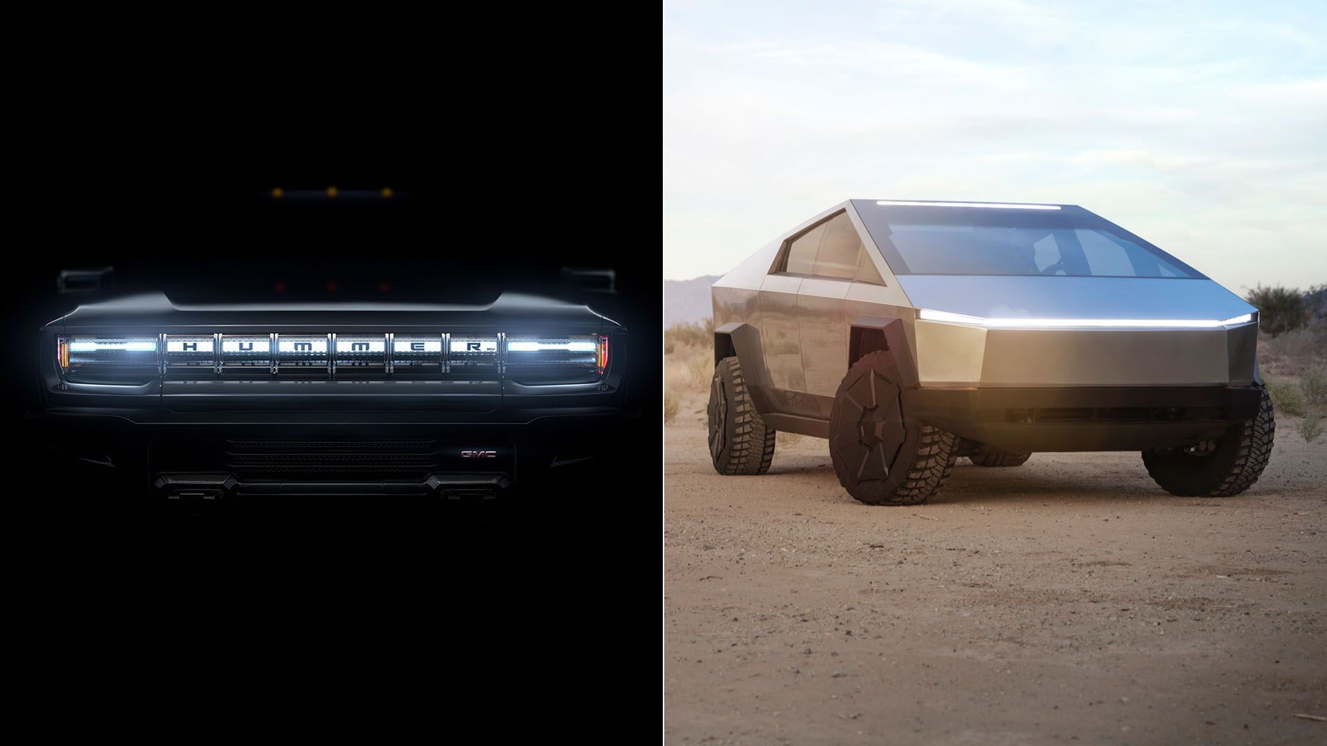 A split screen photo of GMC Hummer's grille and the Tesla cybertruck.