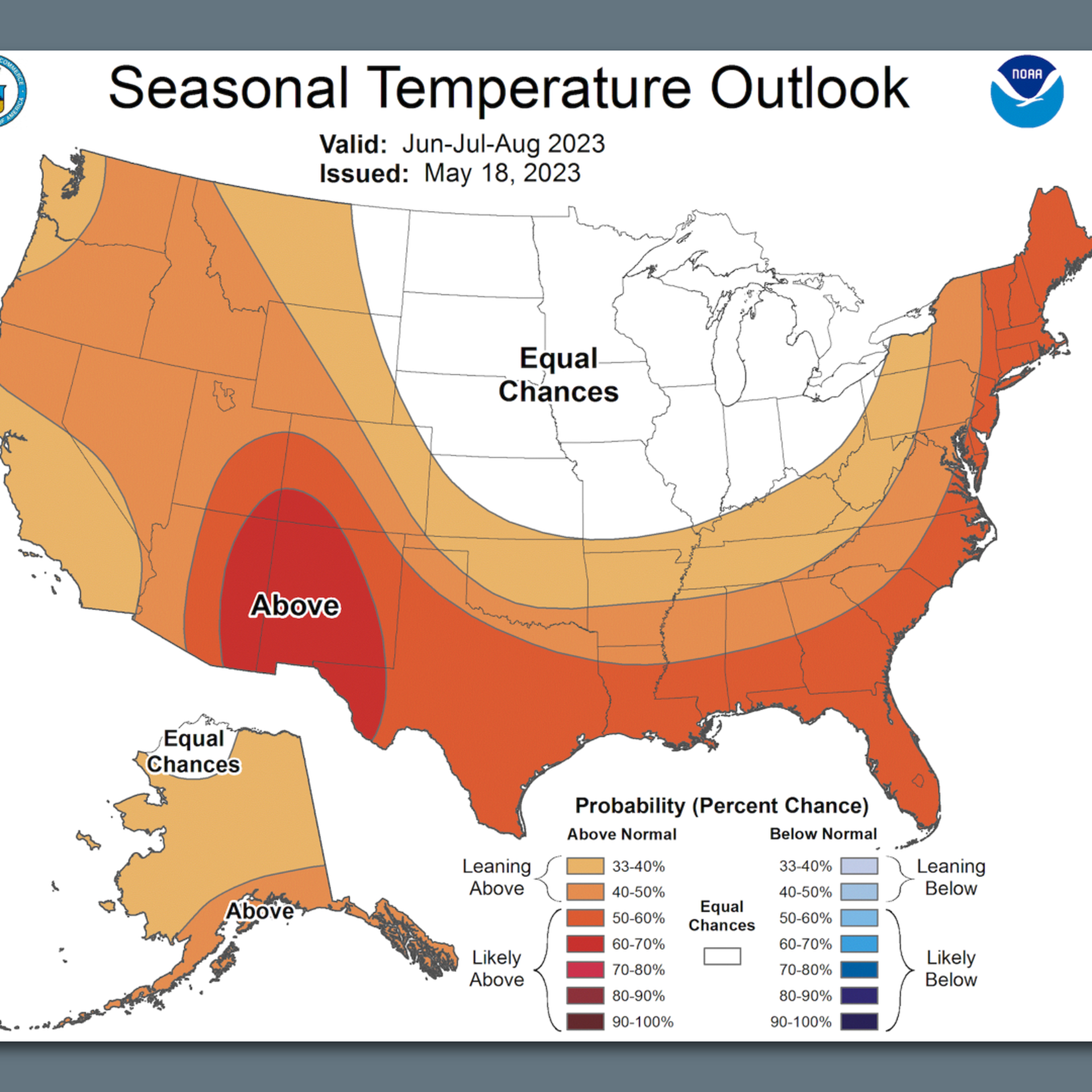 Map showing seasonal temperature trends likely during summer 2023 across the U.S. 