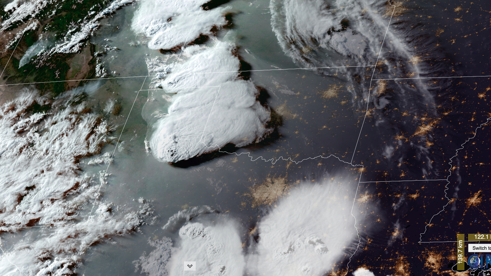 Visible satellite image near sunset showing the storm that produced the tornado in Matador