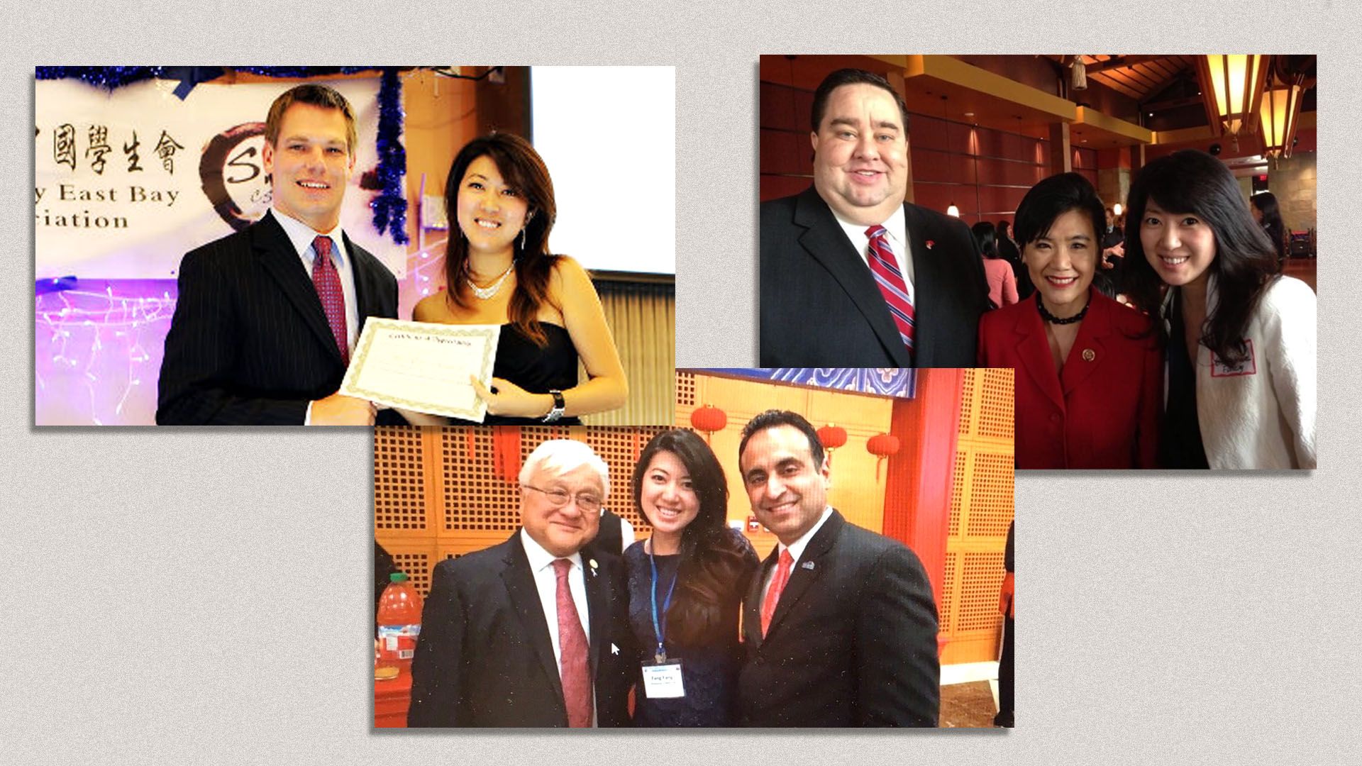 Montage of three images of Fang with Bay Area politicians