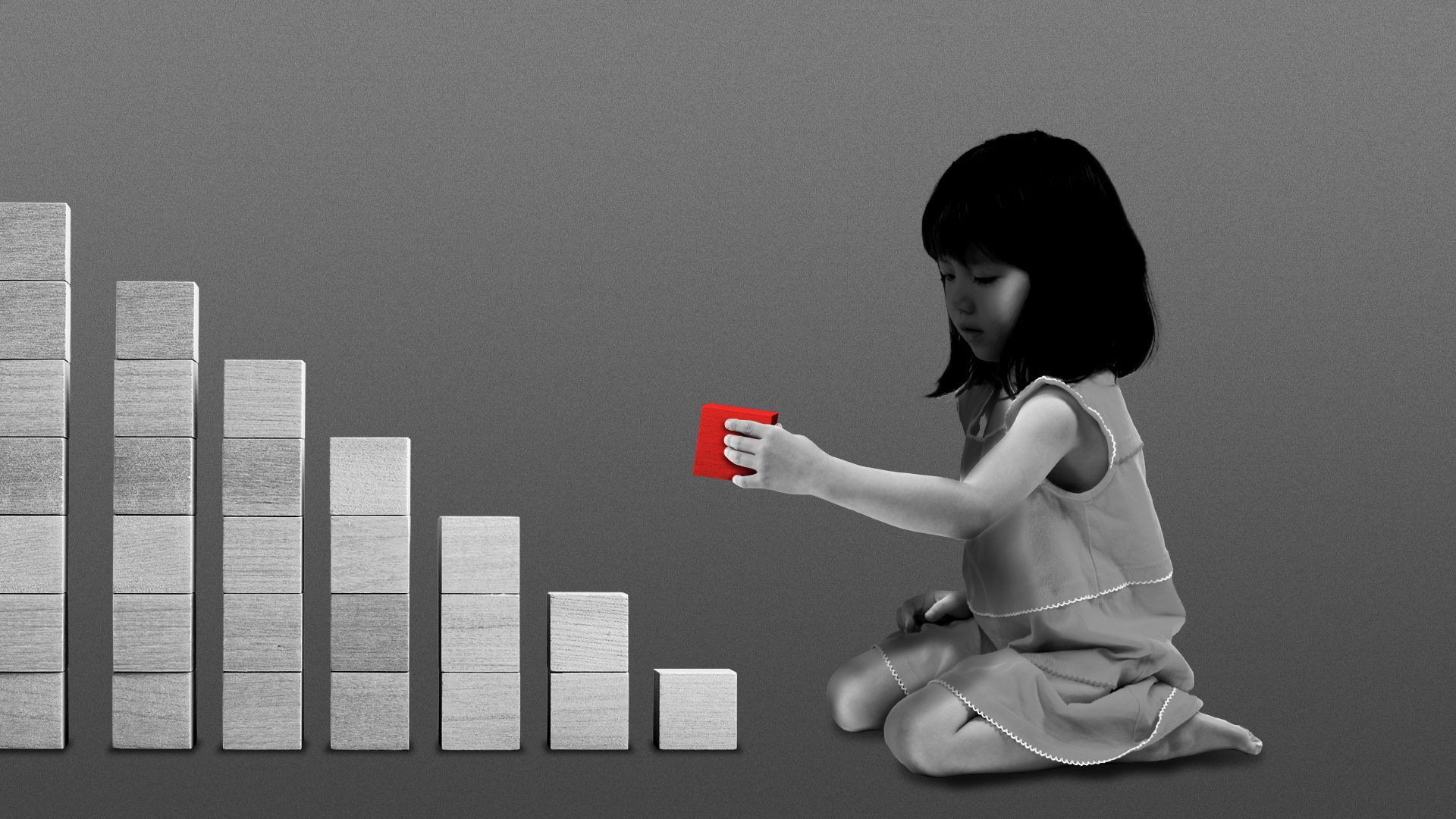 Illustration of a child sitting next to toy blocks arranged in a downward sloping bar chart