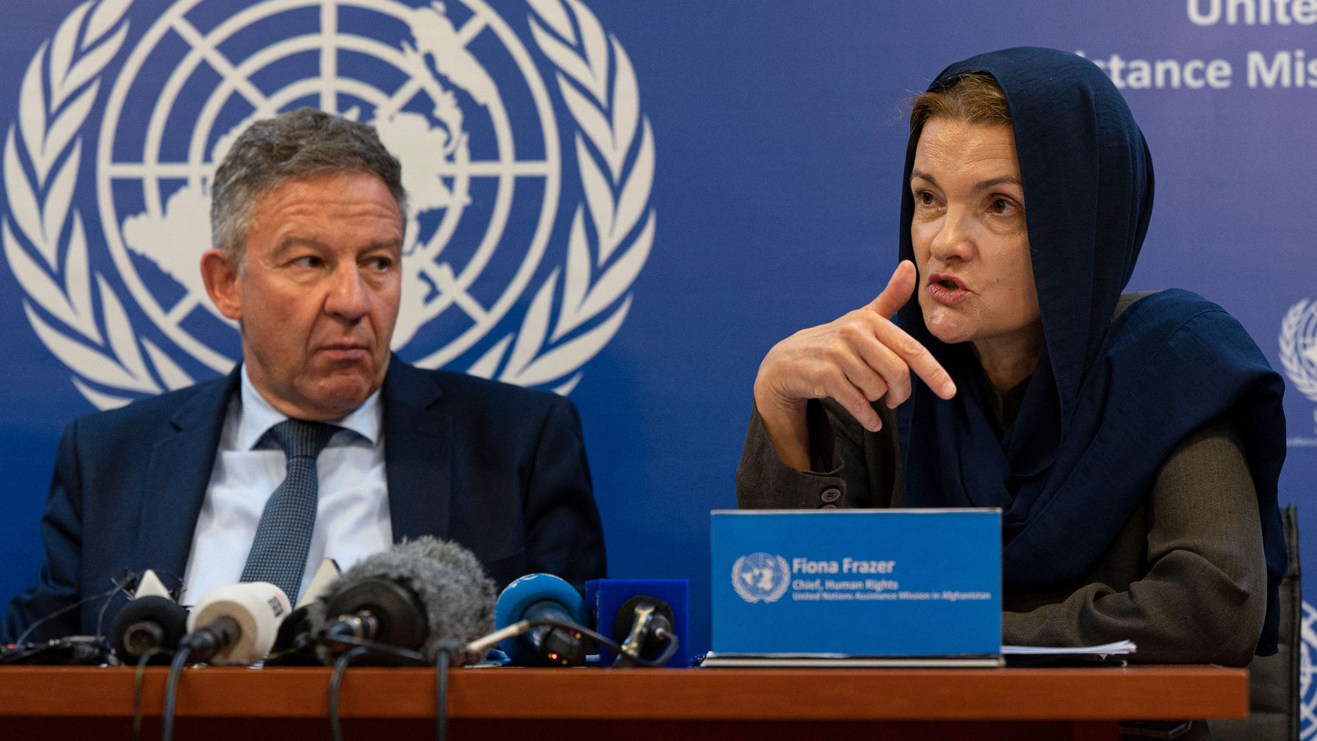 Fiona Frazer speaks next to Markus Potzel, acting head of United Nations Assistance Mission in Afghanistan