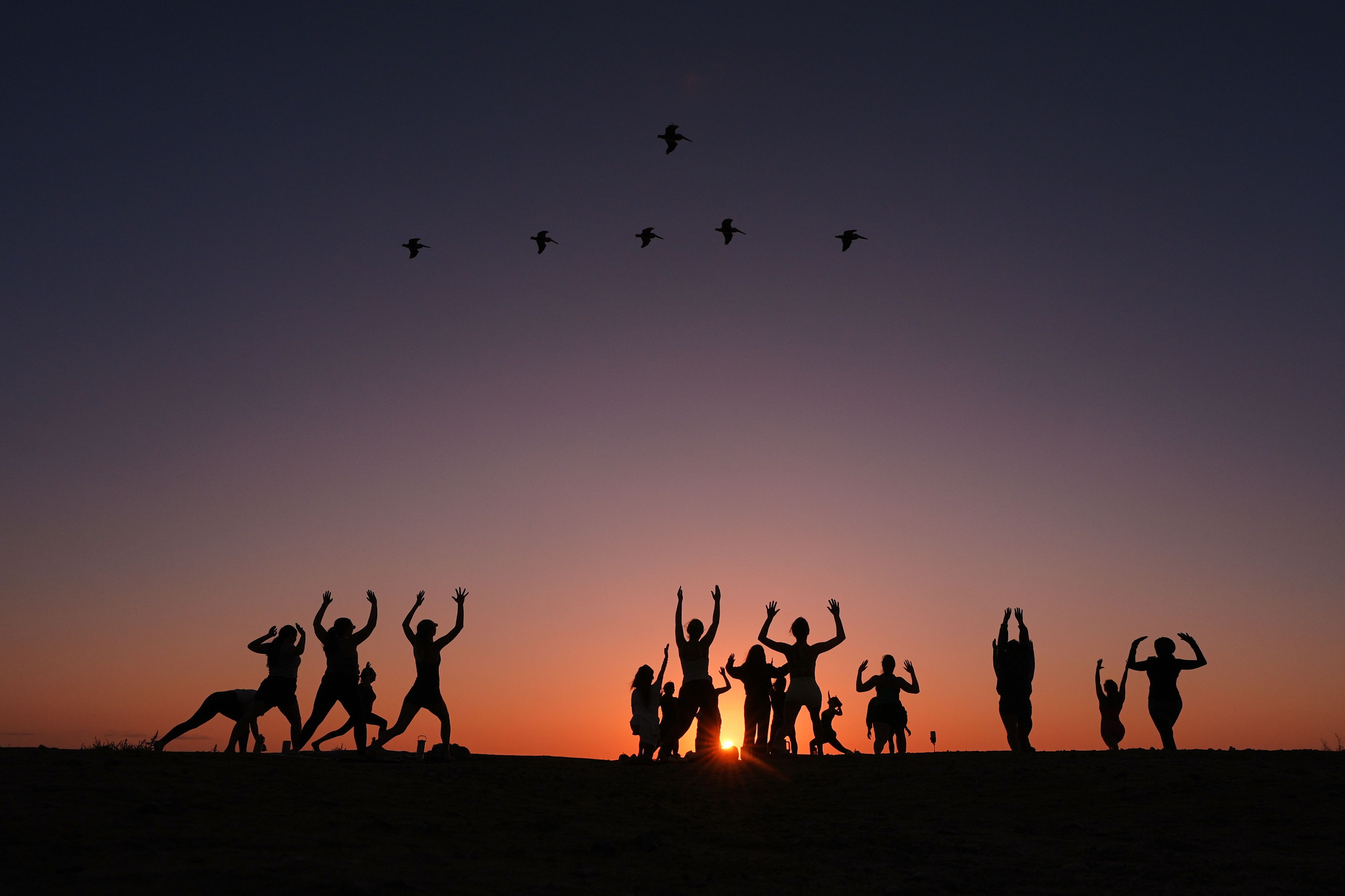 Women in yoga poses with the sunset behind them