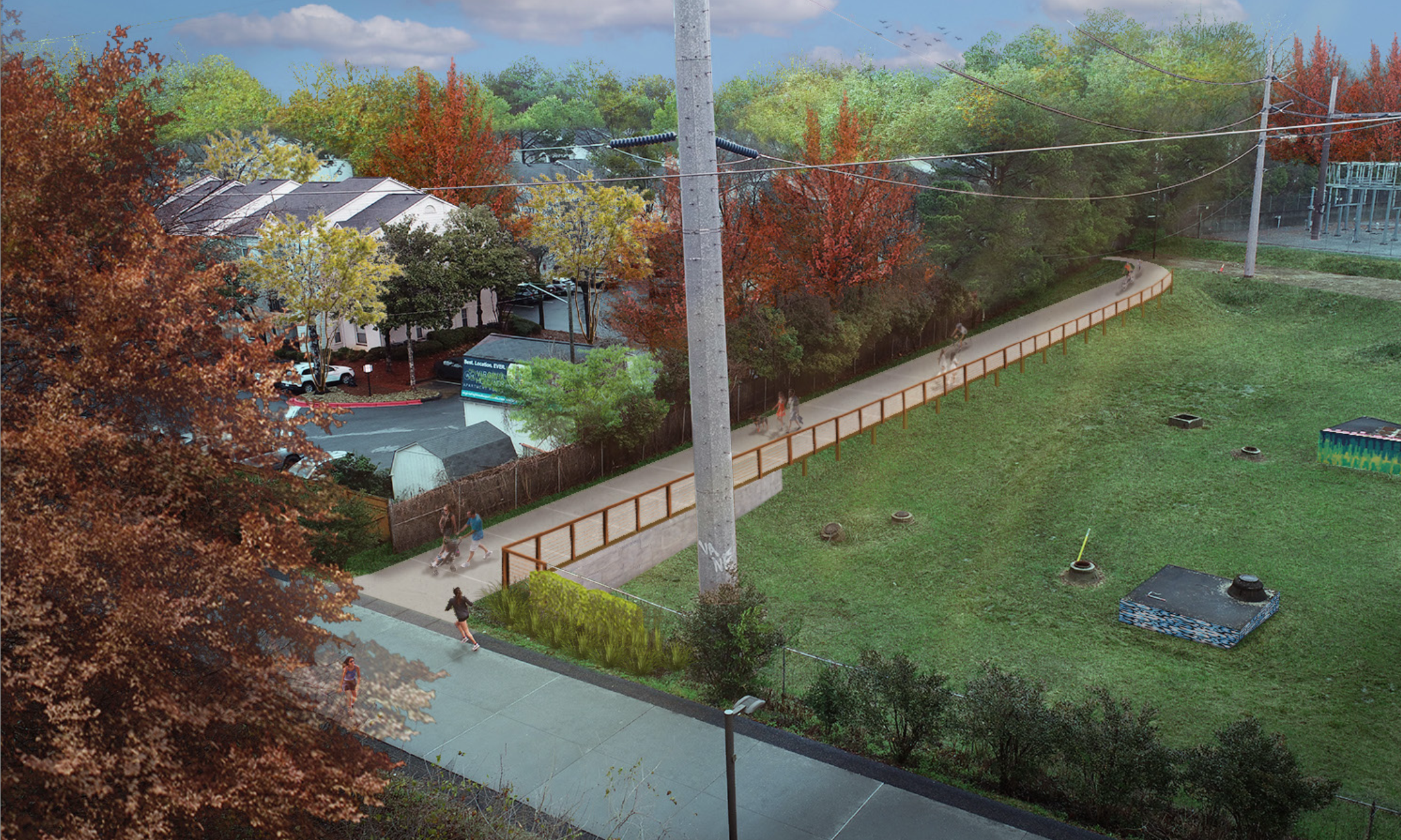 A rendering of a bike trail cutting between an apartment complex and flood plain and linking to a popular multi-use trail.