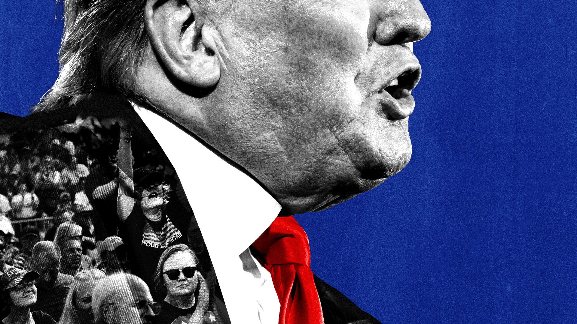 Photo illustration of President Trump with a photo from a campaign rally overlayed on his suit jacket