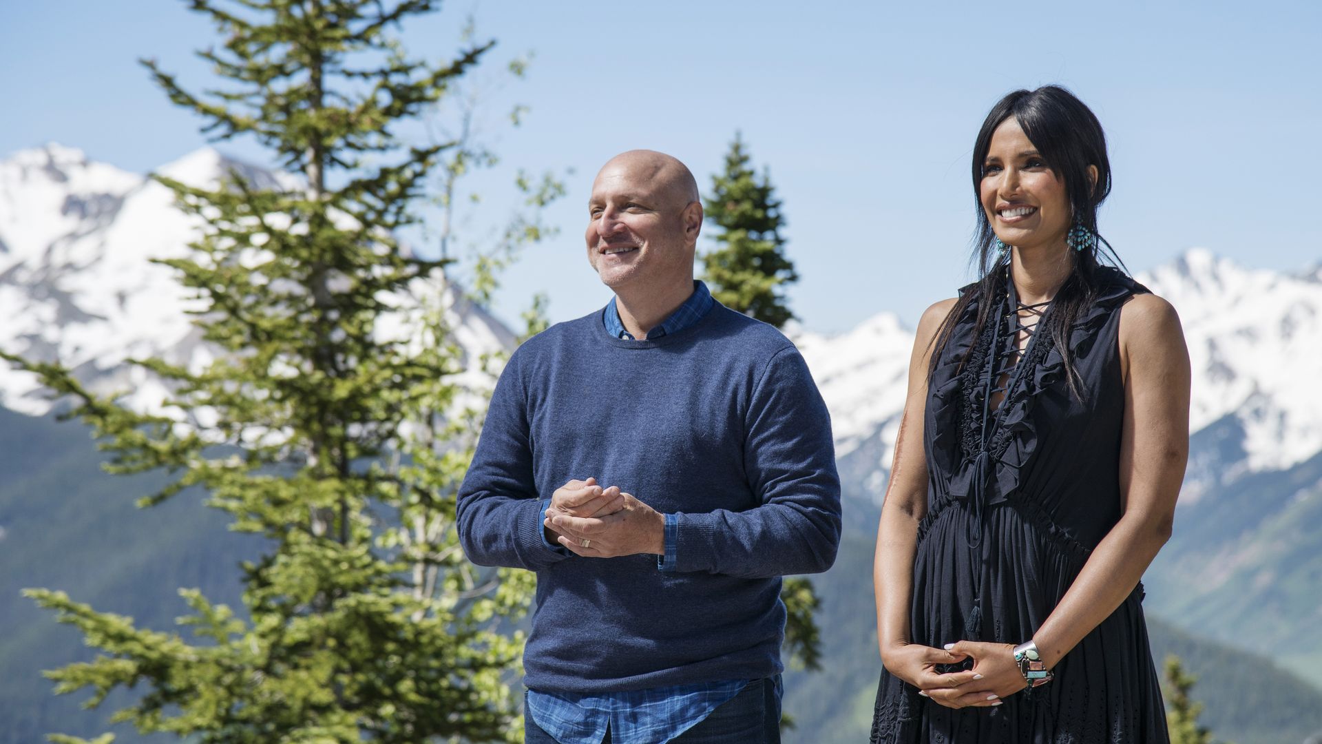 Bravo "Top Chef" hosts Tom Colicchio and Padma Lakshmi in Colorado in 2017. Photo: Paul Trantow/Bravo/NBCUniversal via Getty Images