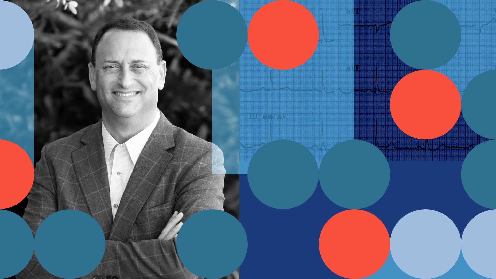 Photo illustration collage of John Couris surrounded by abstract shapes.