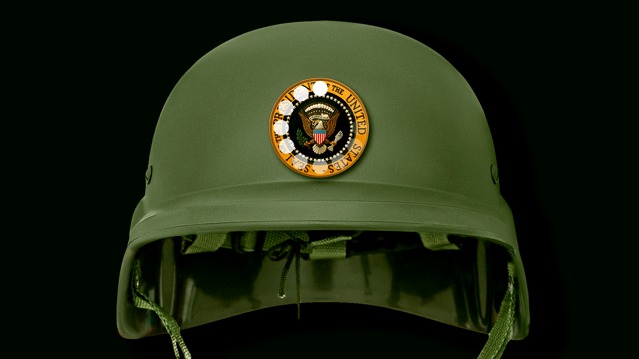 Animated illustration of an army helmet adorned with the presidential seal which holds a rotating loading icon spinning.