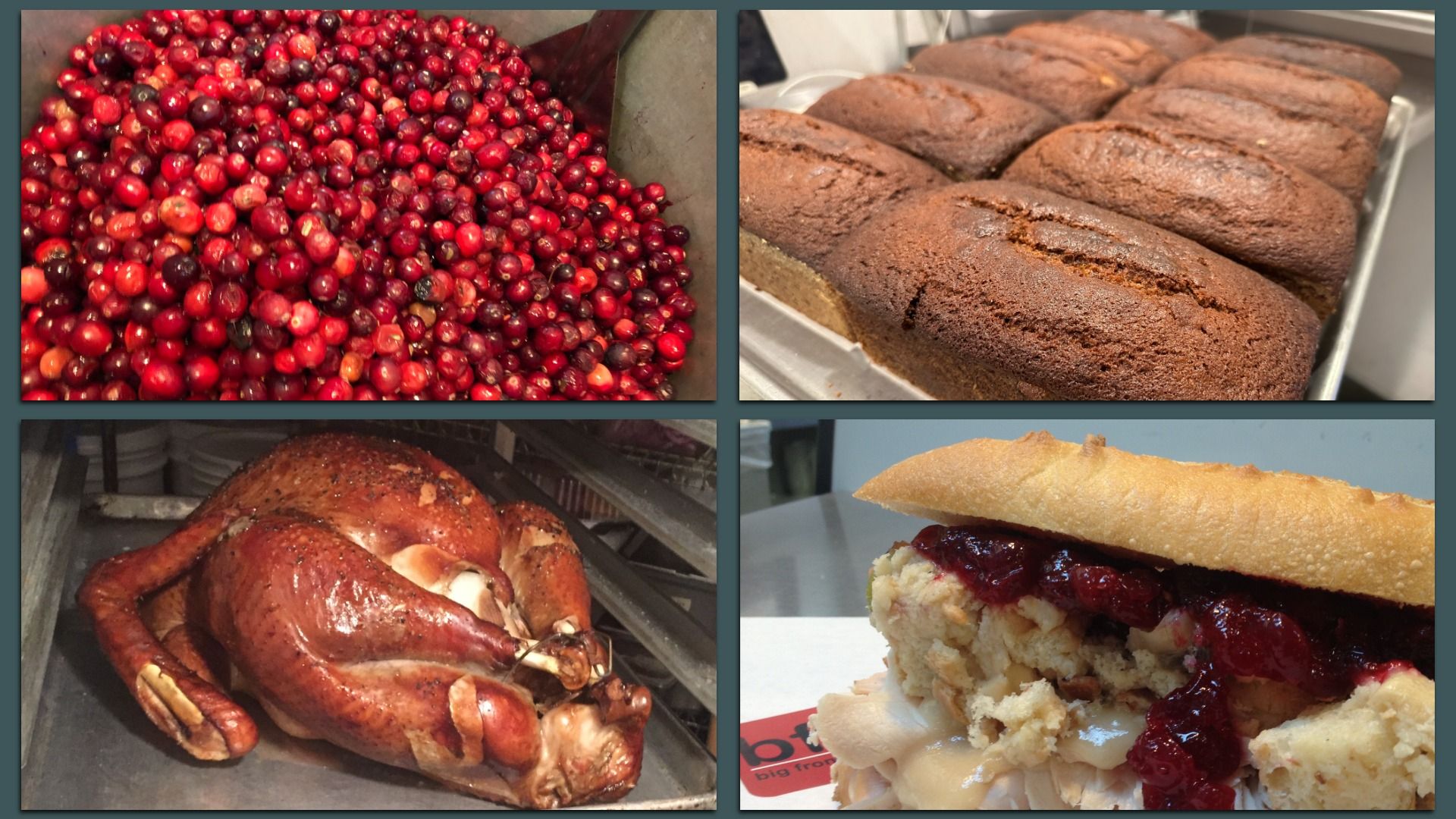 Collage of four images: fresh red cranberries, baked brown bread loaves, a roasted whole turkey, and a sandwich with turkey, stuffing, and cranberry sauce on a baguette.
