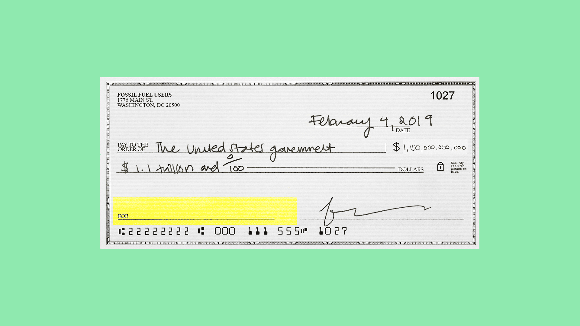 Illustration of a check for carbon tax money with "for" line switching between different options