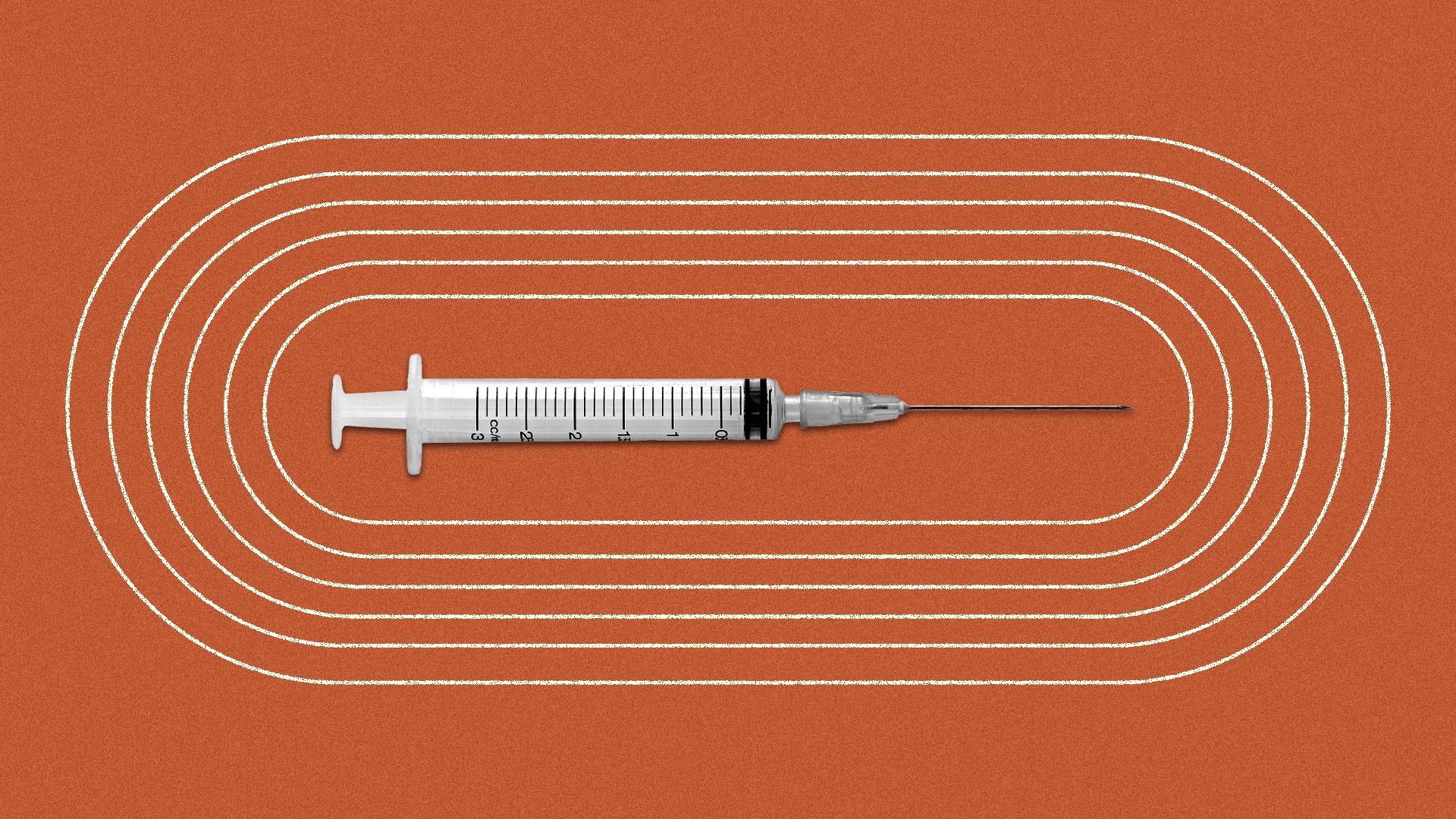 Illustration of a syringe at the center of an oval racetrack.
