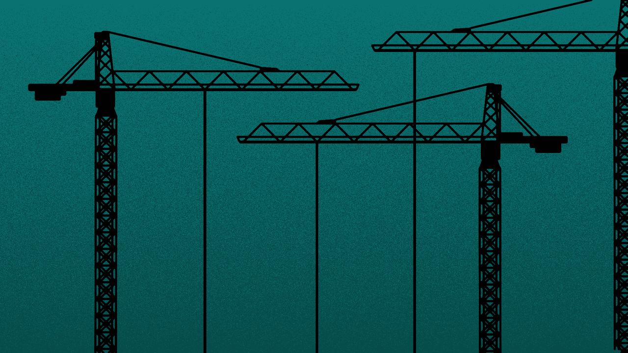Animated illustration of three cranes raising the neon numbers 6, 1, and 7.