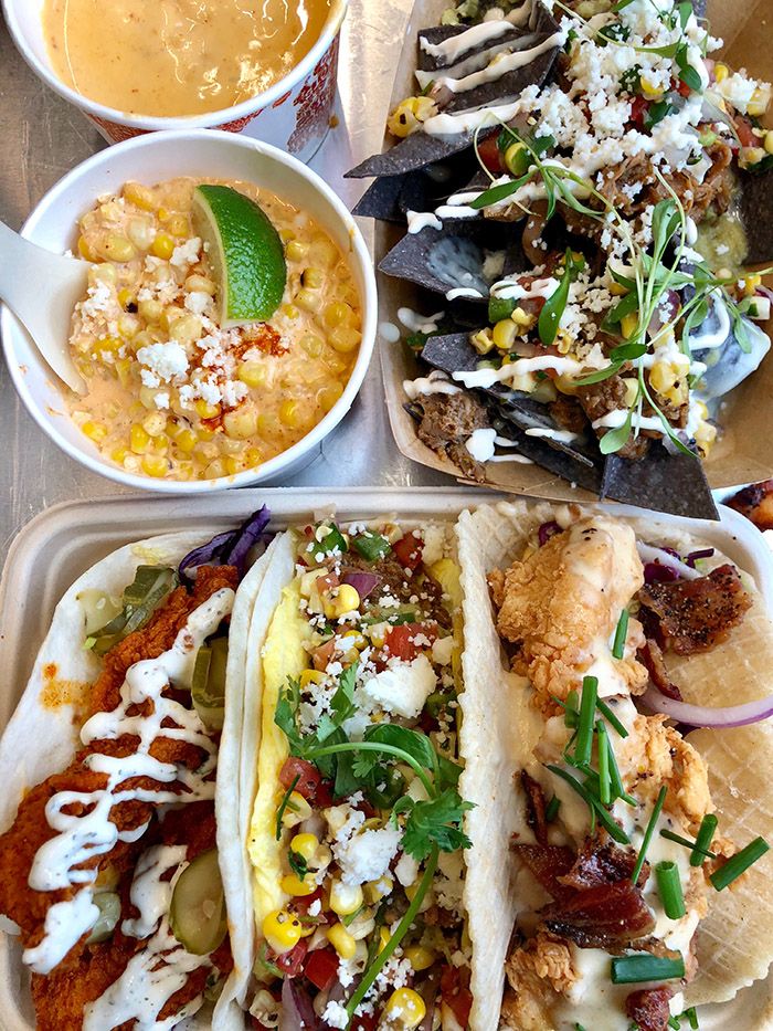 Velvet Taco elote, queso, tacos, nachos