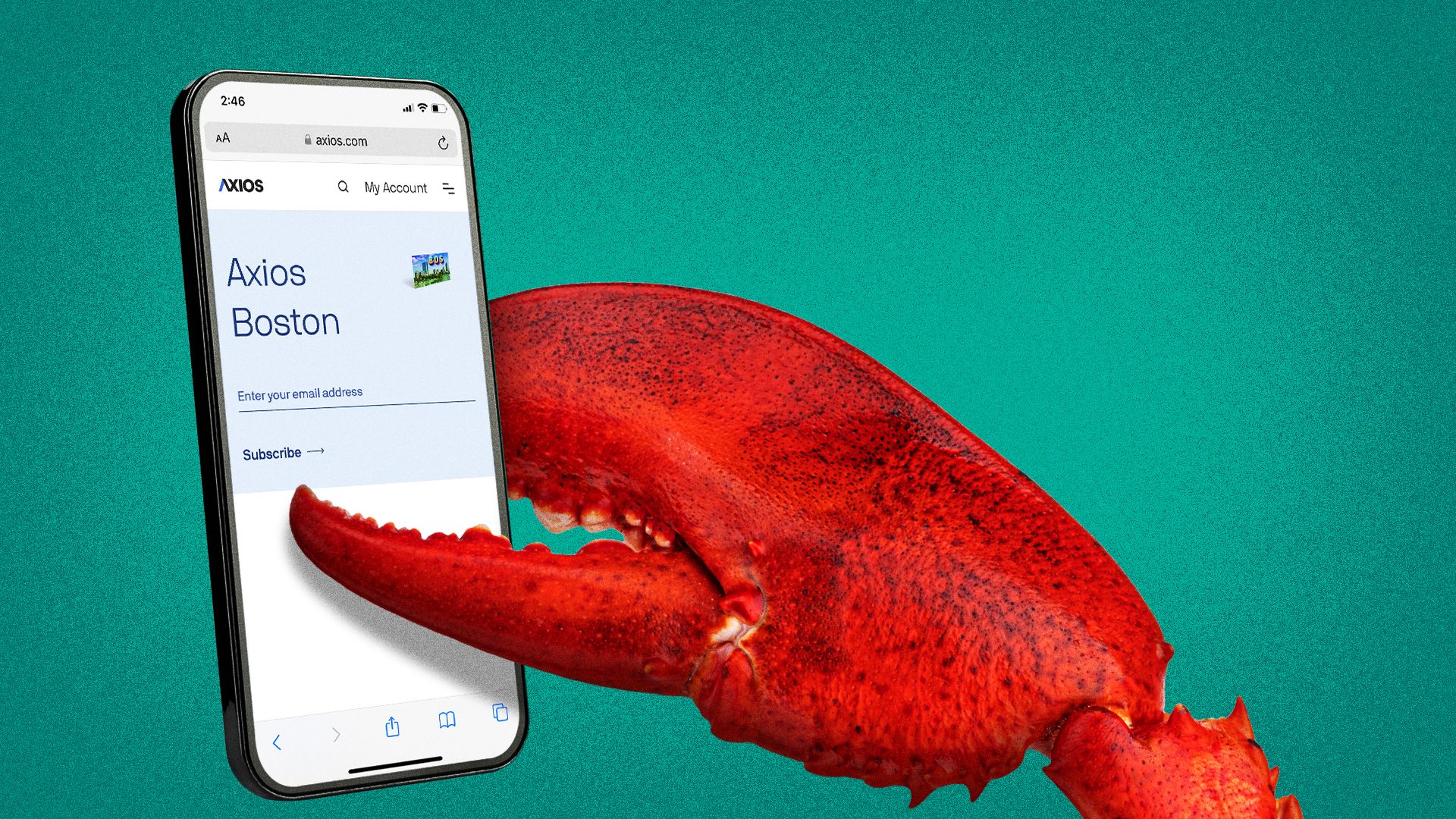 Illustration of a lobster claw holding a phone while reading Axios Boston. 