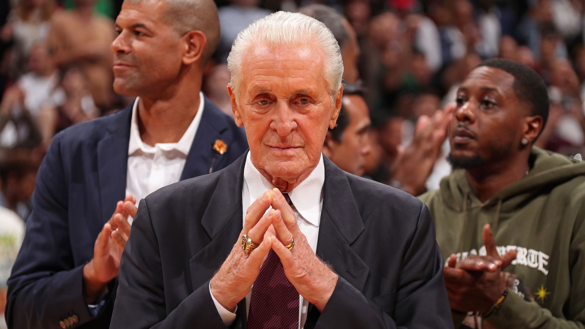 MIAMI, FL - JANUARY 19: Pat Riley looks on during Udonis Haslem jersey Retirement on January 19, 2024 at Kaseya Center in Miami, Florida. 