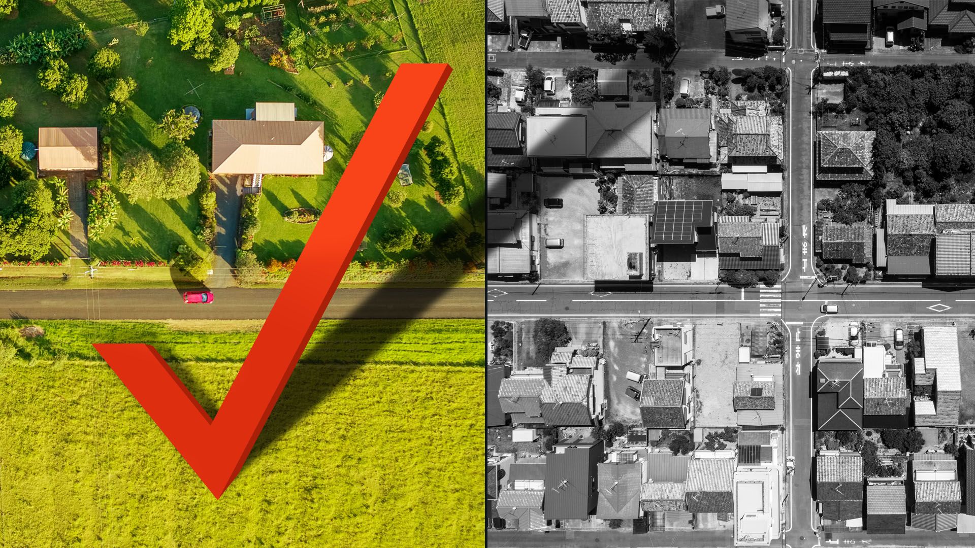 Illustration of a rural area in color with a giant check mark casting a shadow over the black and white urban area next to it