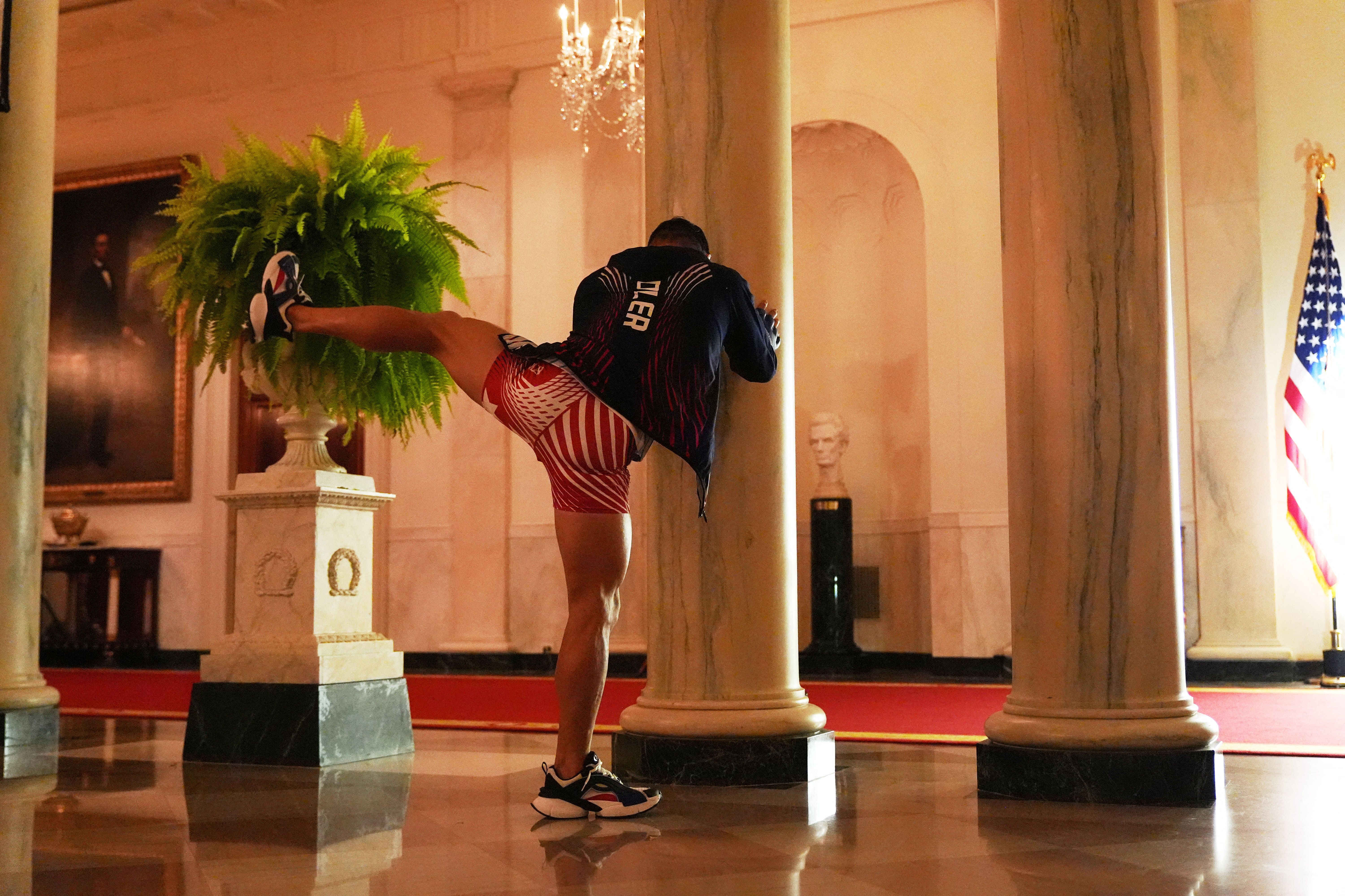 Brazil's Mauricio Ruffy stretches in the White House before beating American Michael Candler.