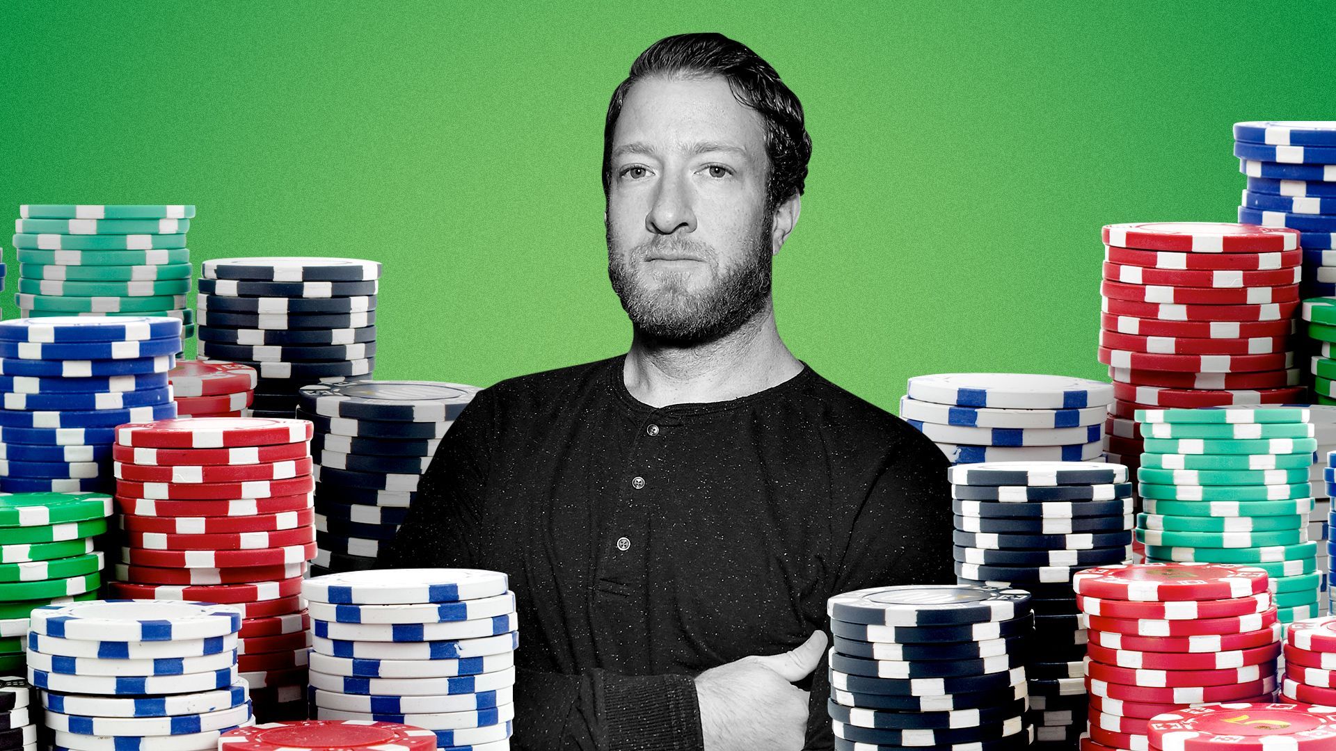 Photo illustration of Dave Portnoy surrounded by giant stacks of poker chips. 