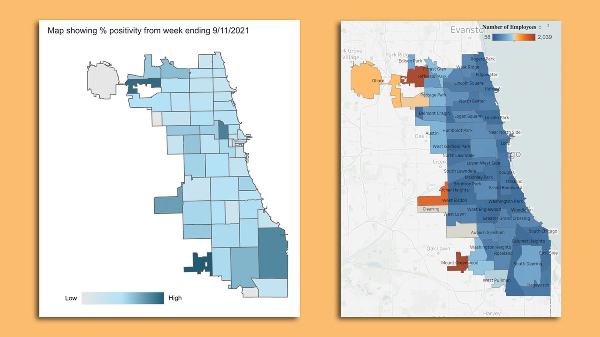Map showing dark blue zones in the northwest and southwest corners of Chicago. 